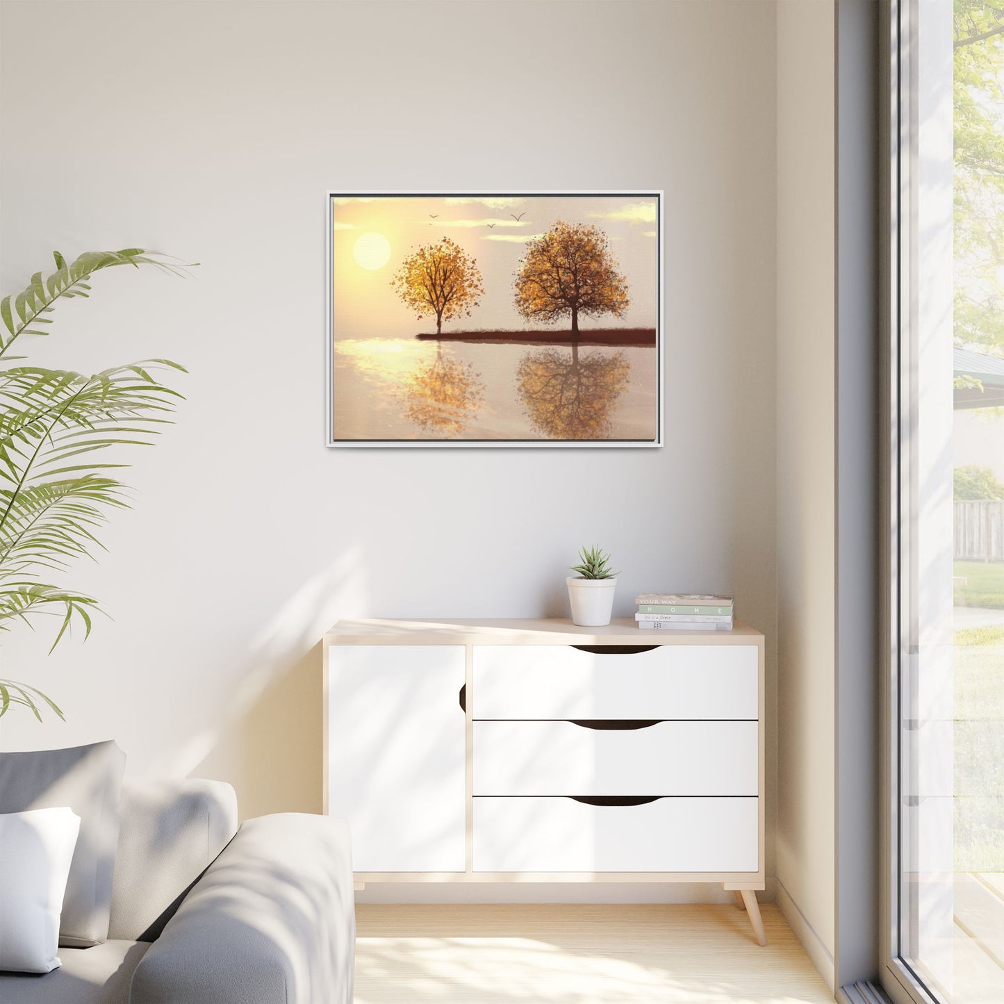 Framed Matte Canvas Wall Art — Golden Autumn Trees Reflection