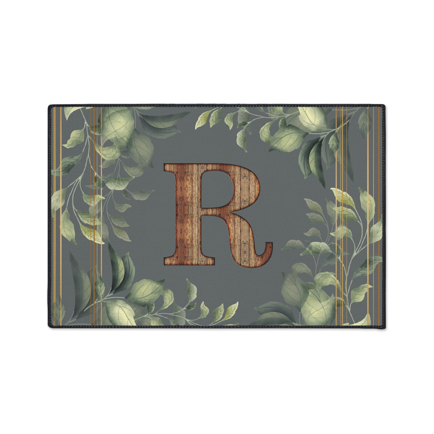 Personalized Monogram Floor Mat - Rustic Wood 'R' with Greenery Welcome Rug - Letter R