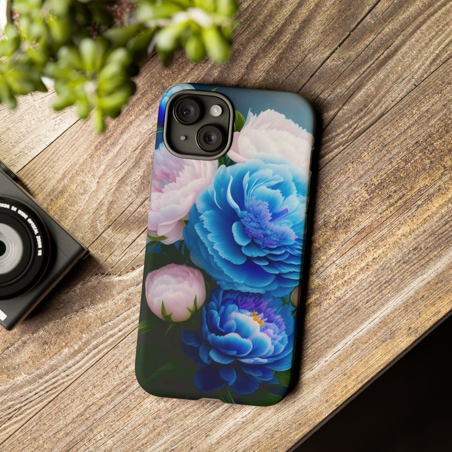 Floral Blue Peony Phone Case — Protective Tough Case with Pink & Blue Blooms