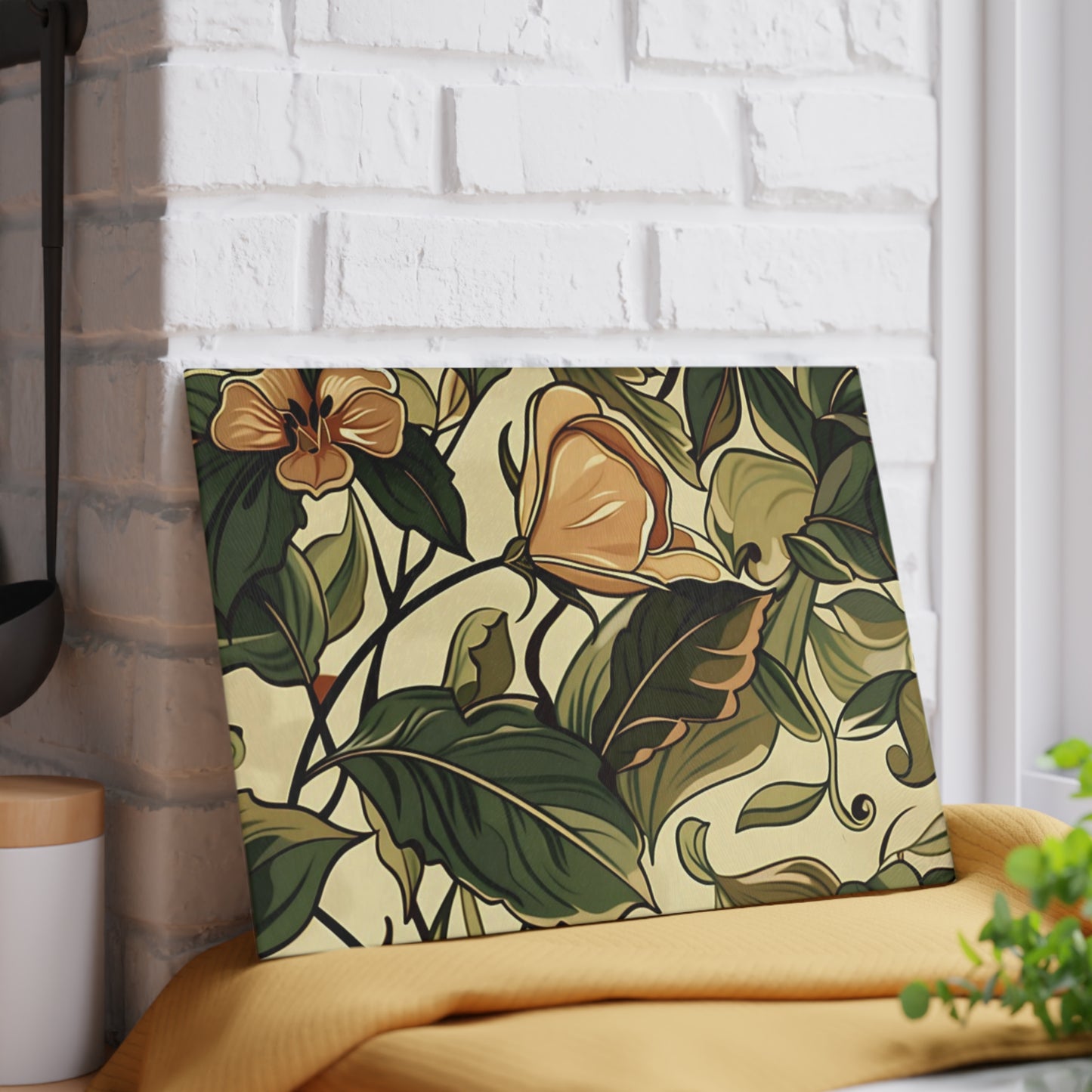 Floral Vine Glass Cutting Board — Vintage Botanical Design