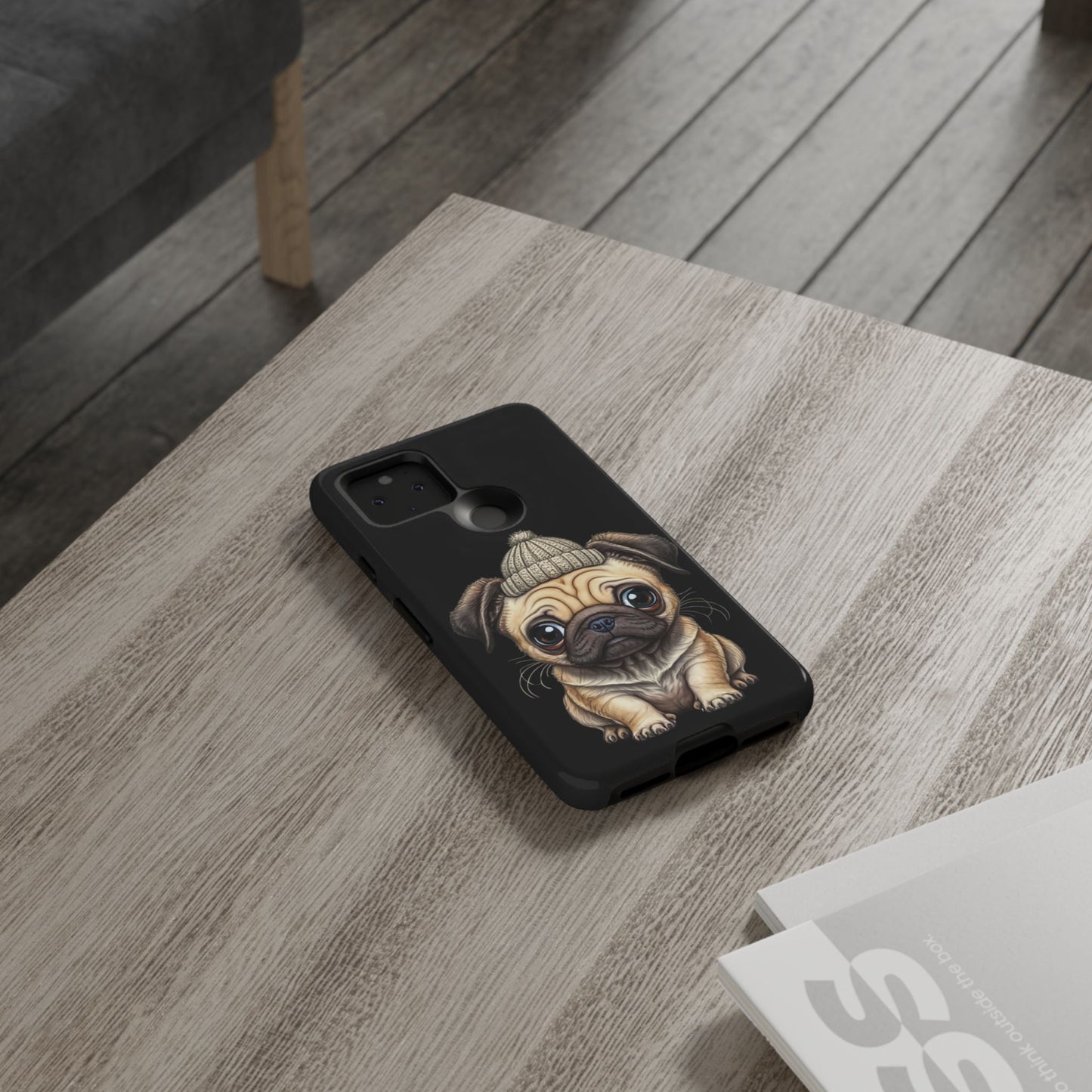 Pug Phone Case – Cute Pug Puppy Illustration on Black Tough Case