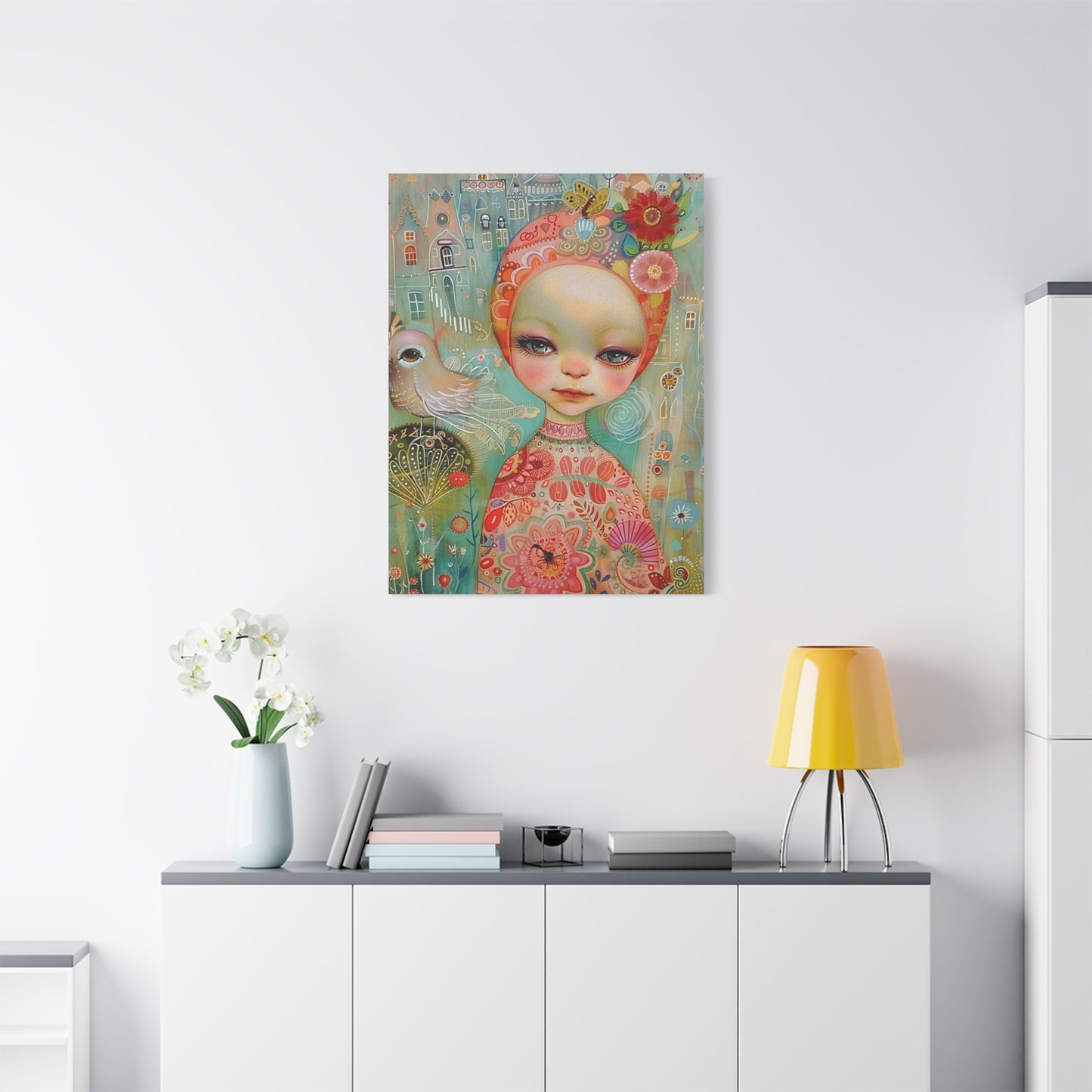 Whimsical Girl & Bird Matte Canvas Wall Art — Stretched Decorative Painting
