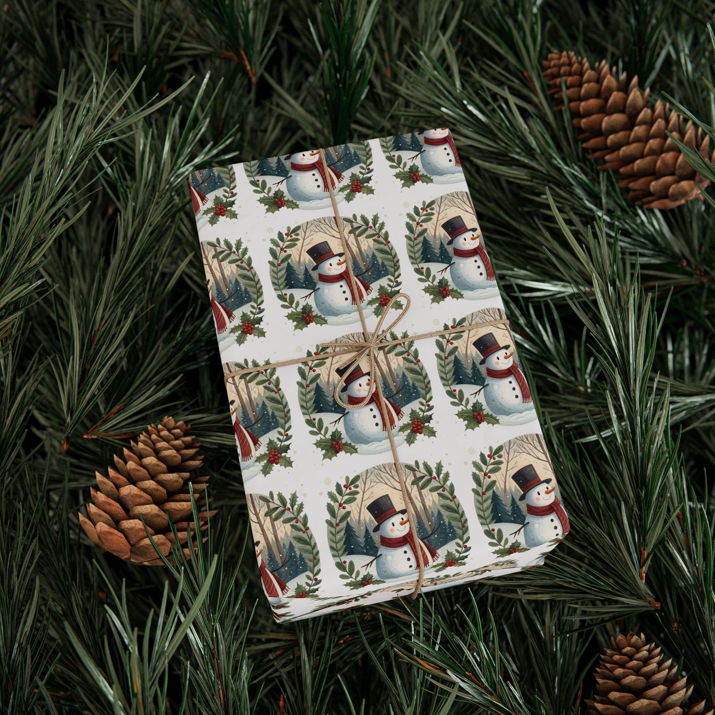 Snowman Wreath Christmas Wrapping Paper Roll — Festive Holiday Gift Wrap