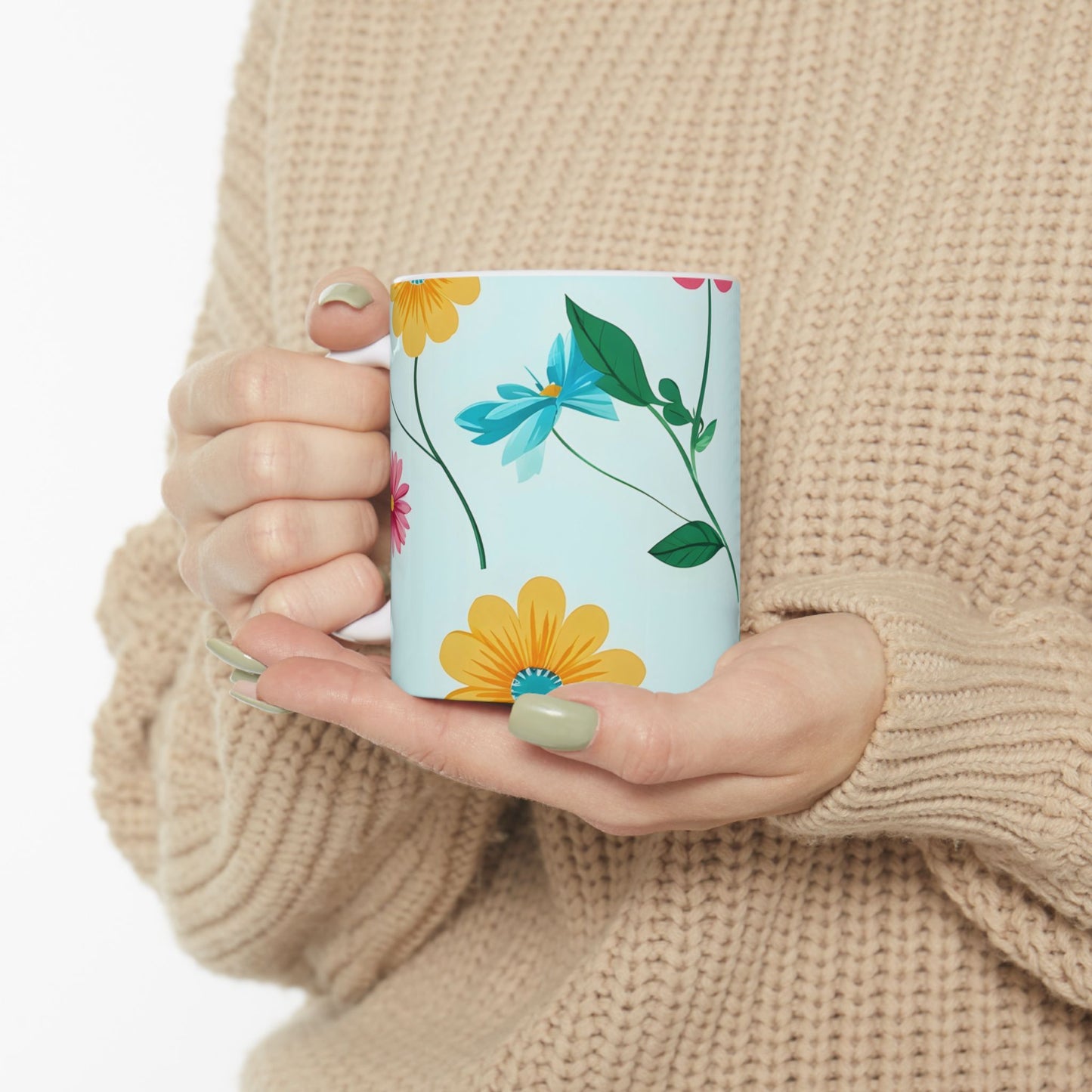Floral Pattern Ceramic Mug — Colorful Spring Flowers 11oz & 15oz