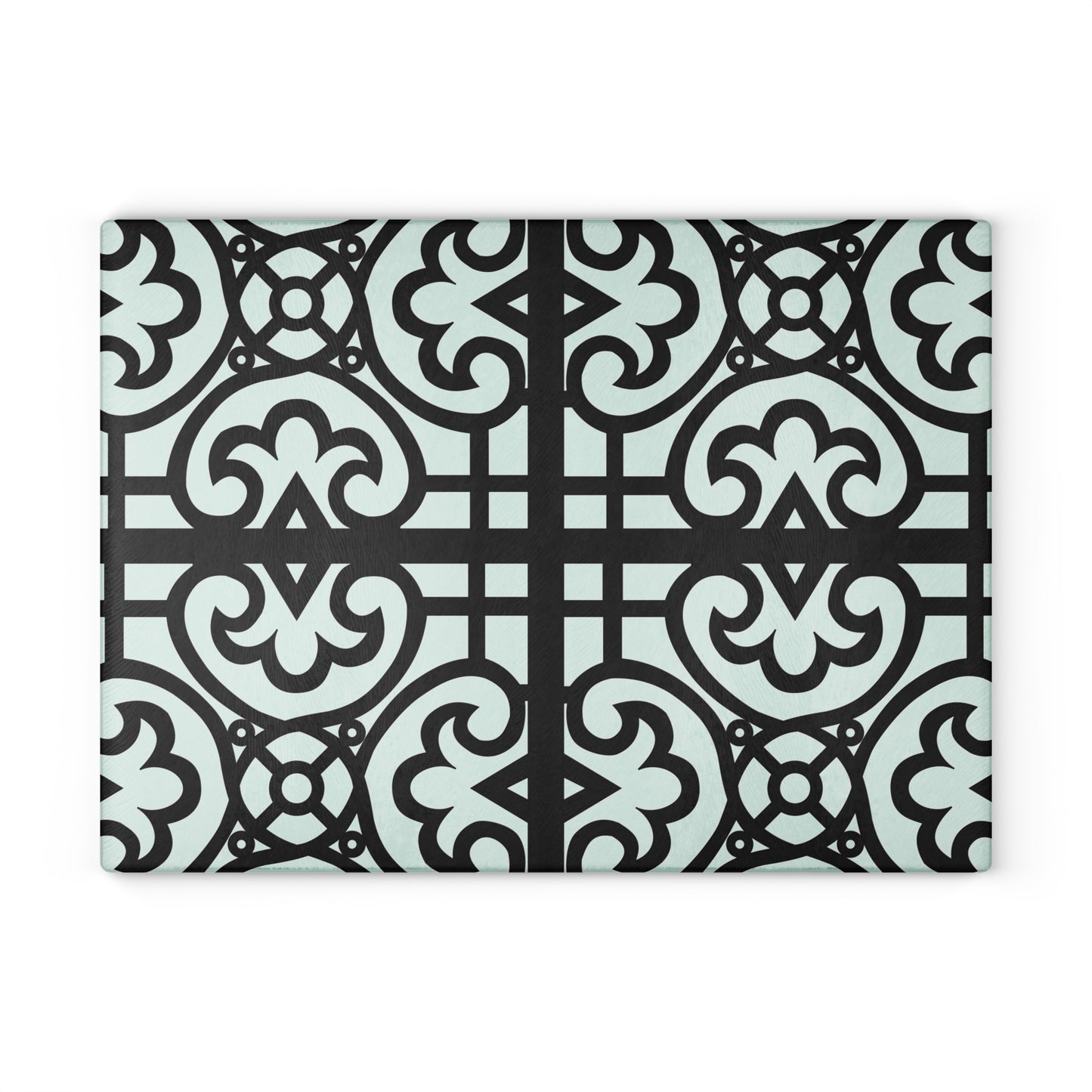 Glass Cutting Board — Decorative Moroccan Tile Pattern in Mint & Black