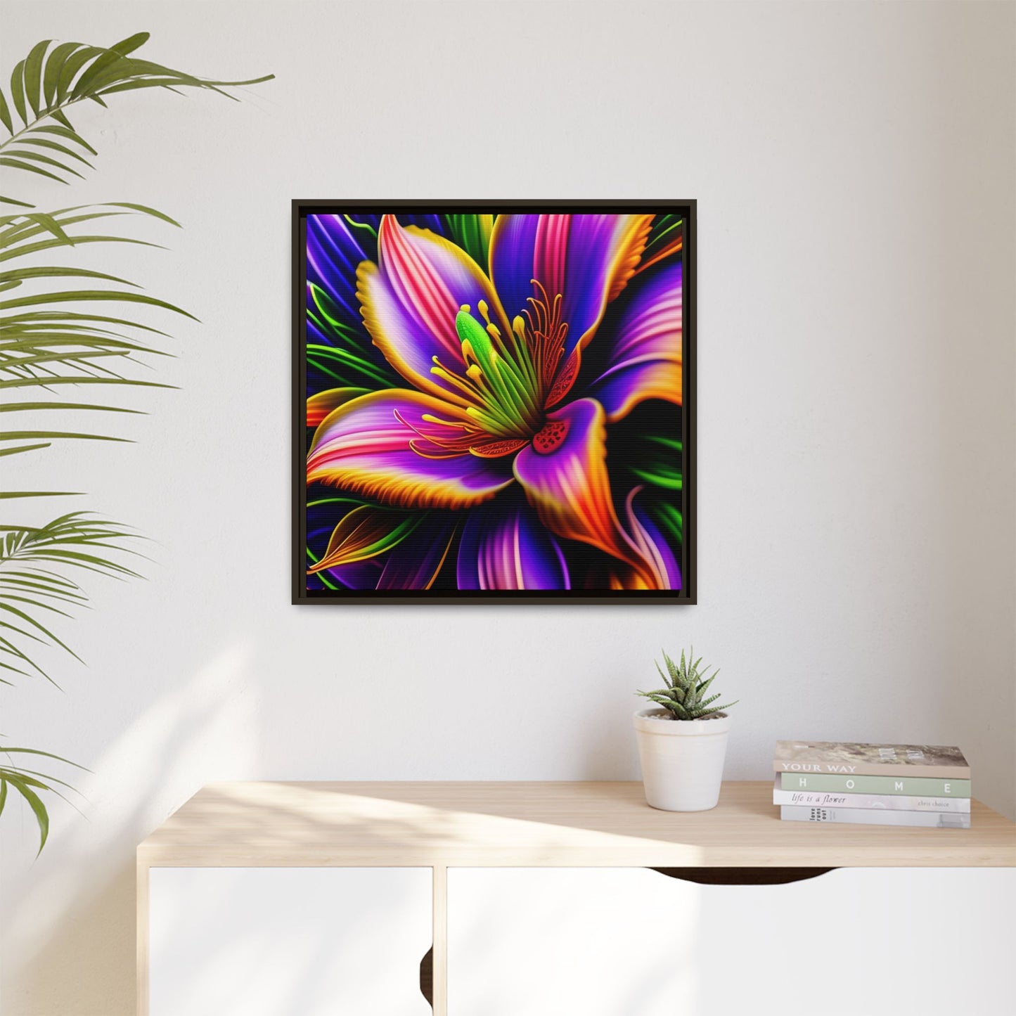 Vibrant Neon Floral Matte Canvas Print — Framed Wall Art