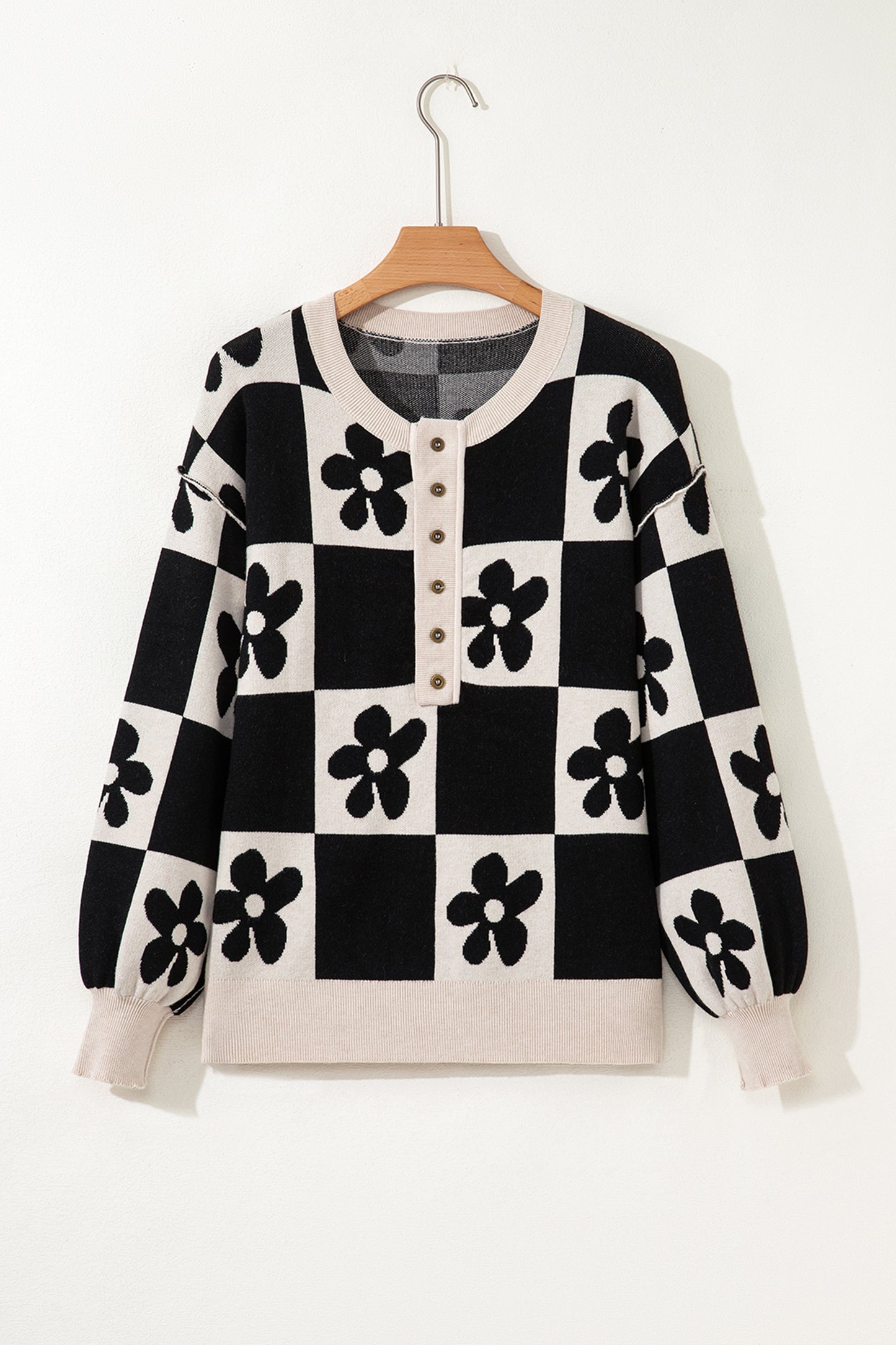 Black Flower Plaid Henley Baggy Sweater