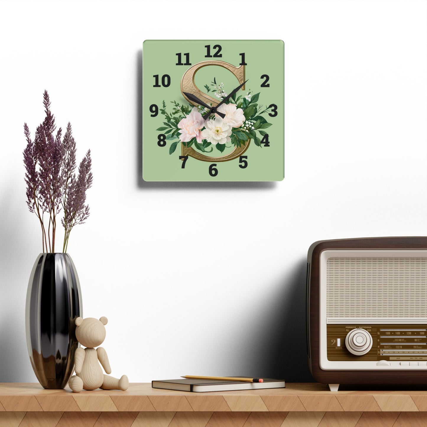 Floral Initial Acrylic Wall Clock, Elegant Home Décor - Letter S