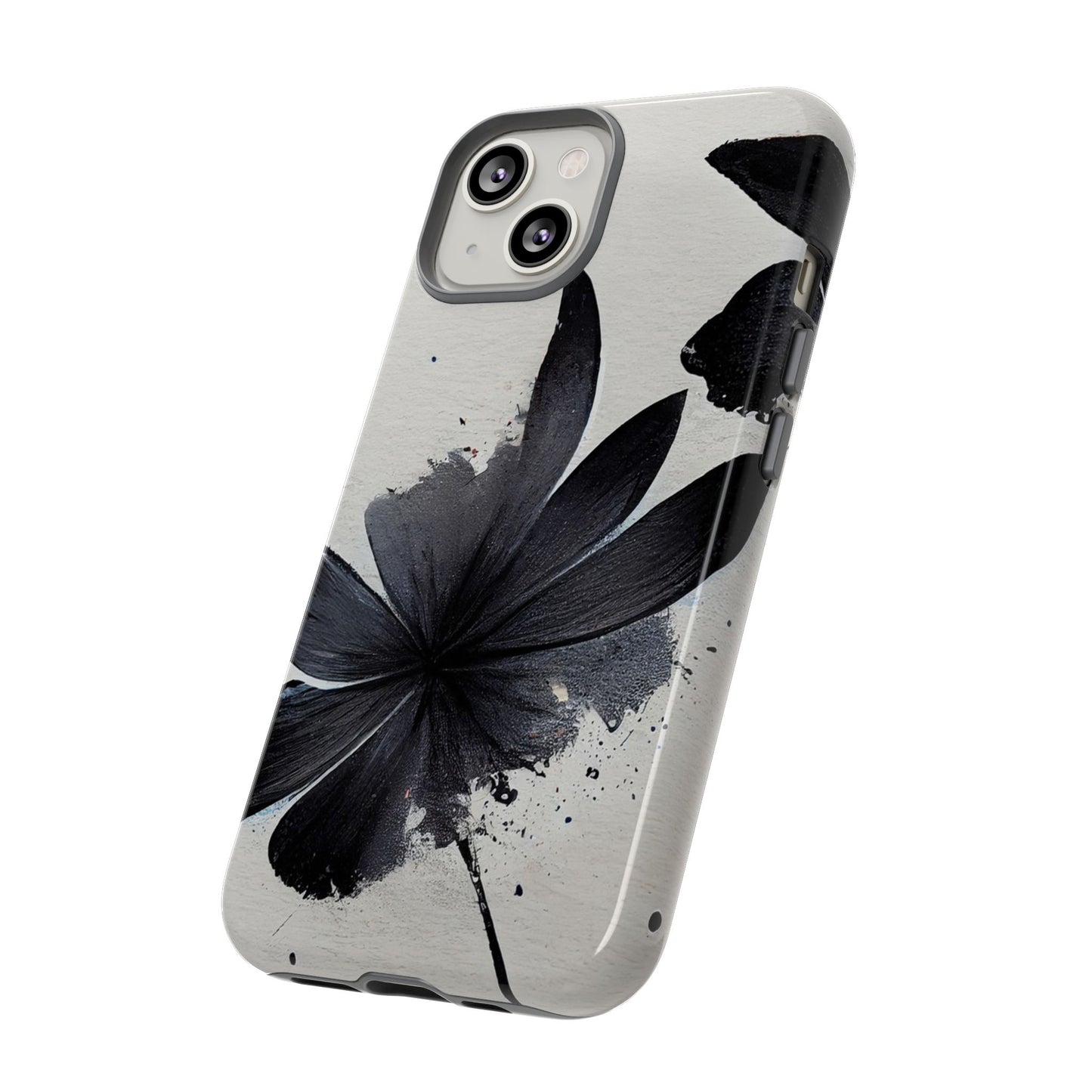 Monochrome Floral Tough Phone Case — Black Ink Flower Protective Cover