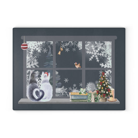 Glass Cutting Board - Cozy Winter Cats by Window Holiday Kitchen Decor