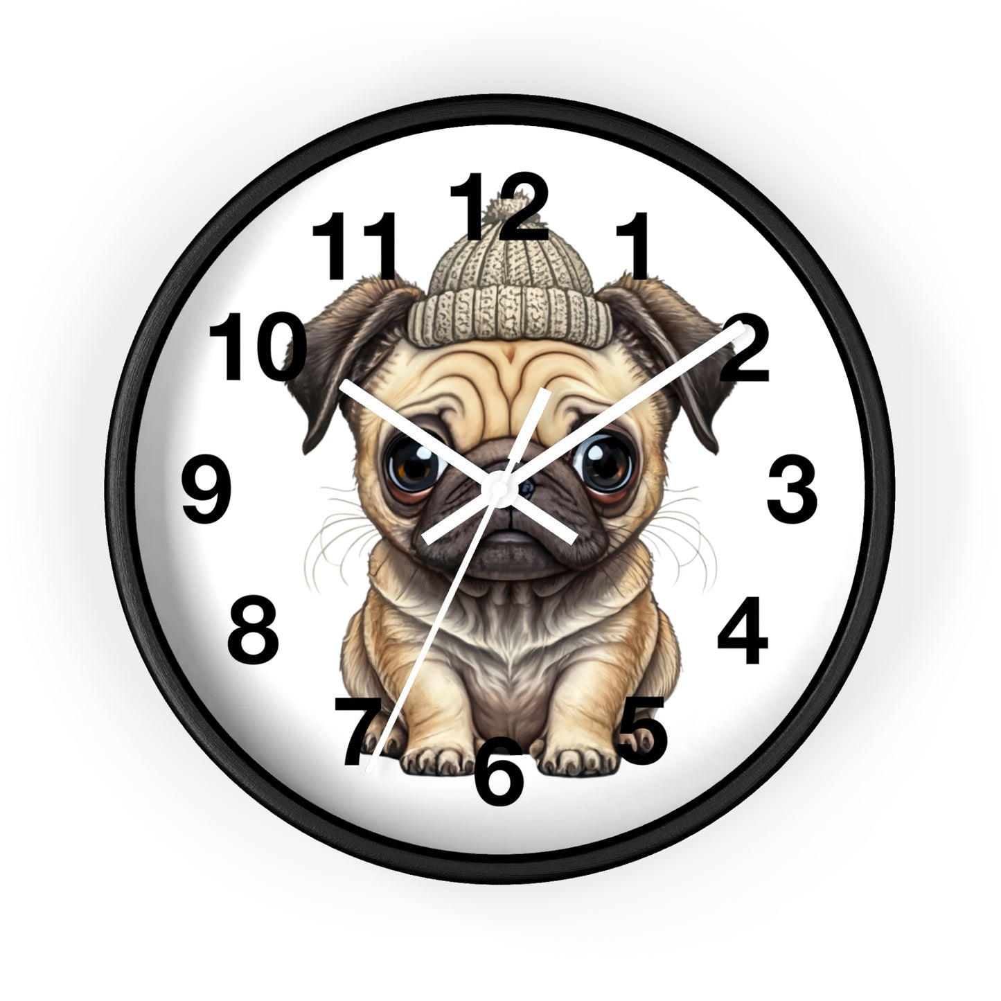 Cute Pug Wall Clock — Adorable Pug Puppy in Beanie Decorative Clock for Dog Lovers