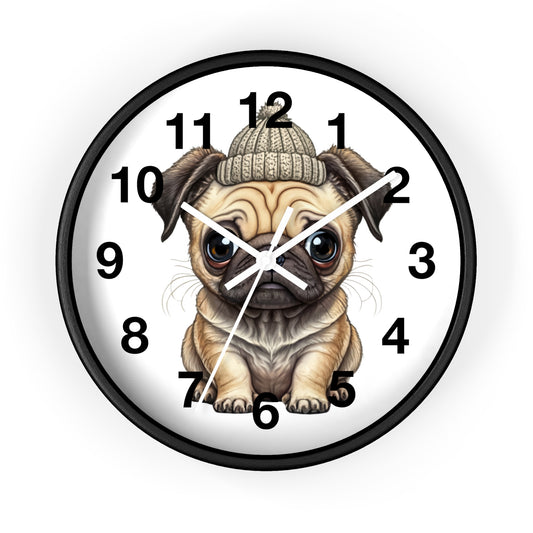 Cute Pug Wall Clock — Adorable Pug Puppy in Beanie Decorative Clock for Dog Lovers