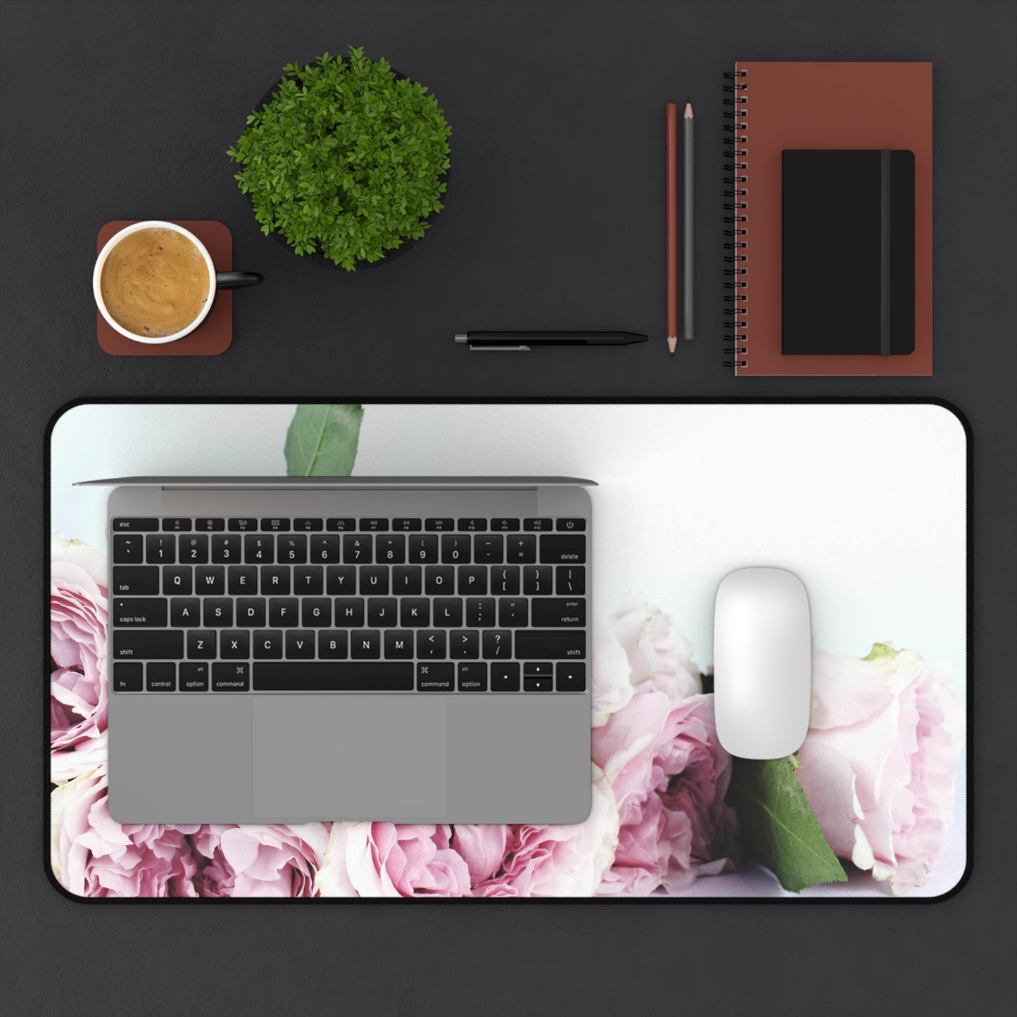 Floral Rose Desk Mat — Pink Peony Bouquet Mouse Pad for Office & Home