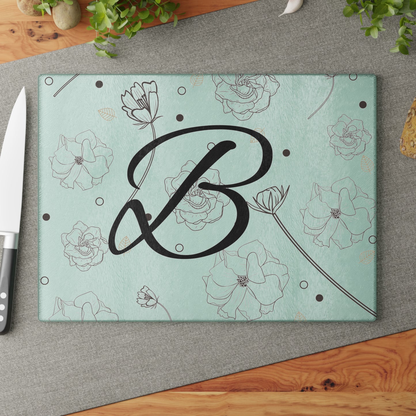 Floral Monogram Glass Cutting Board - Personalized Kitchen Decor