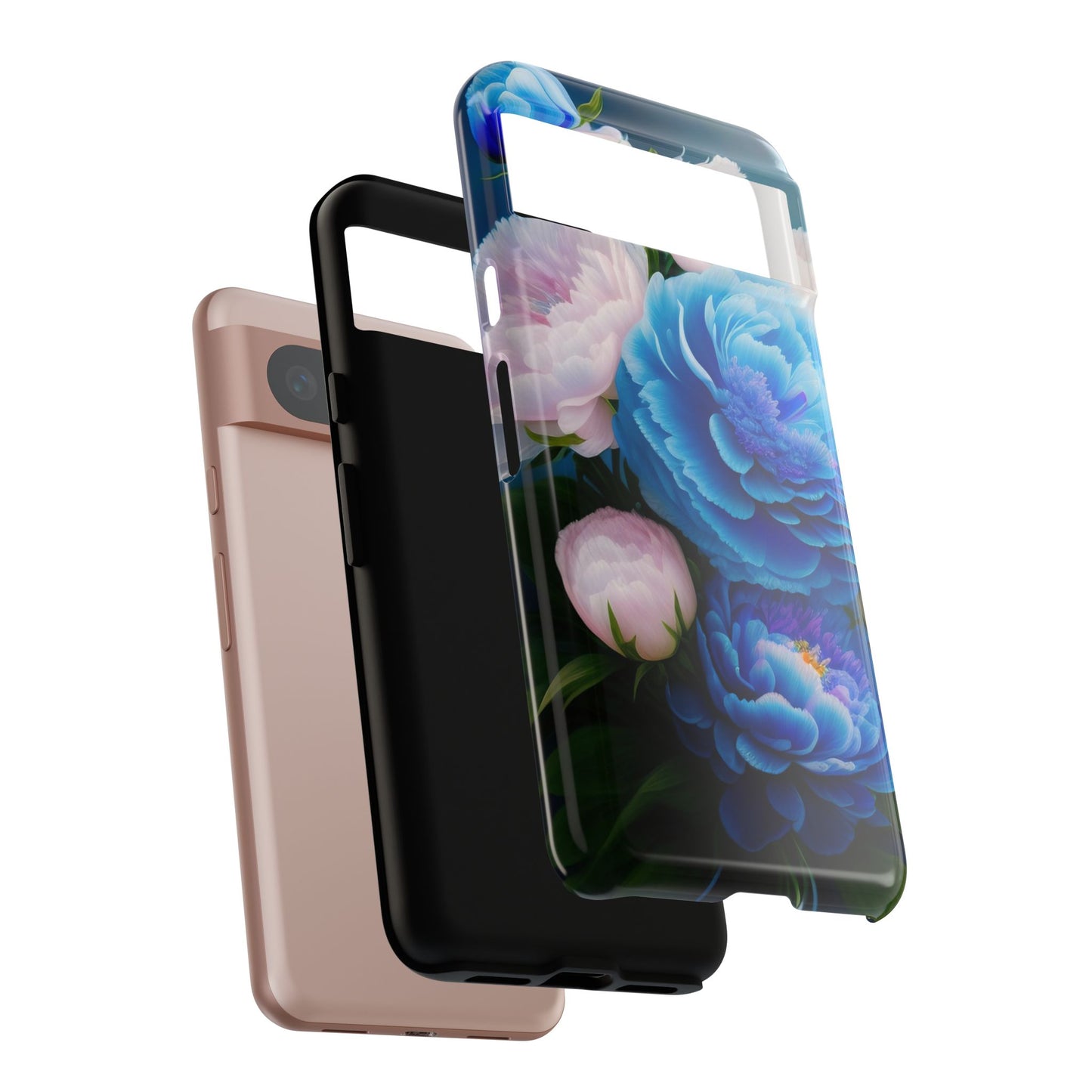 Floral Blue Peony Phone Case — Protective Tough Case with Pink & Blue Blooms