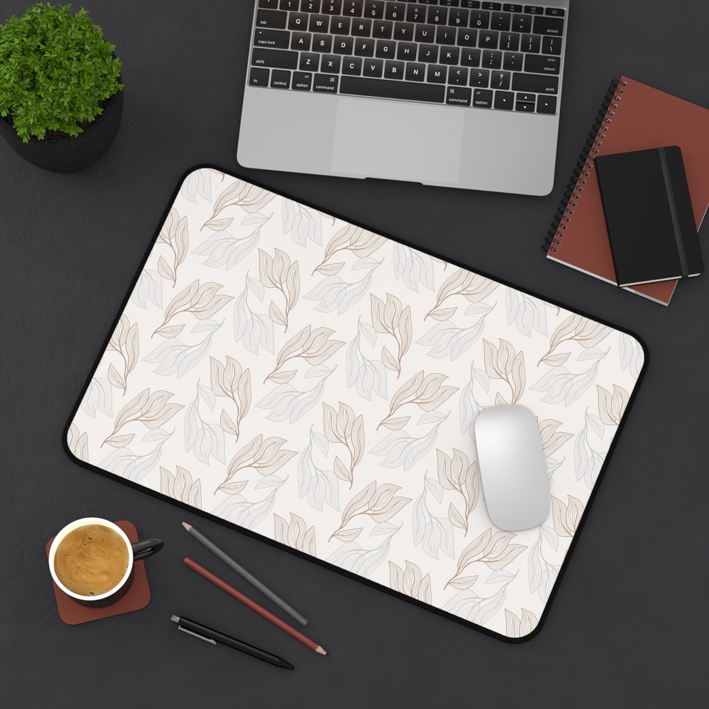 Desk Mat — Neutral Leaf Pattern Desk Mat (Beige Minimal Botanical Mousepad)