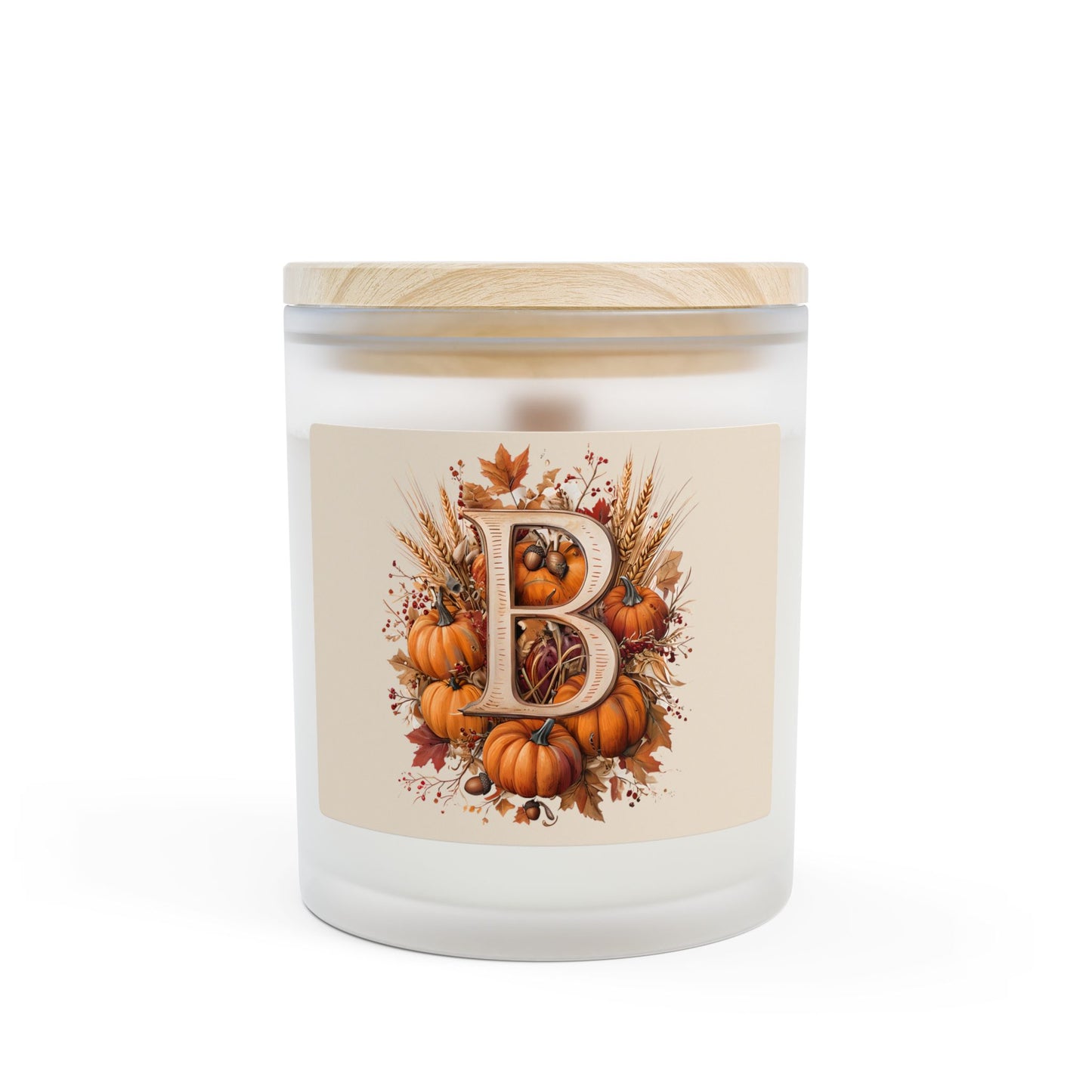 Autumn Monogram Candle — Frosted 11oz Pumpkin Initial "B"