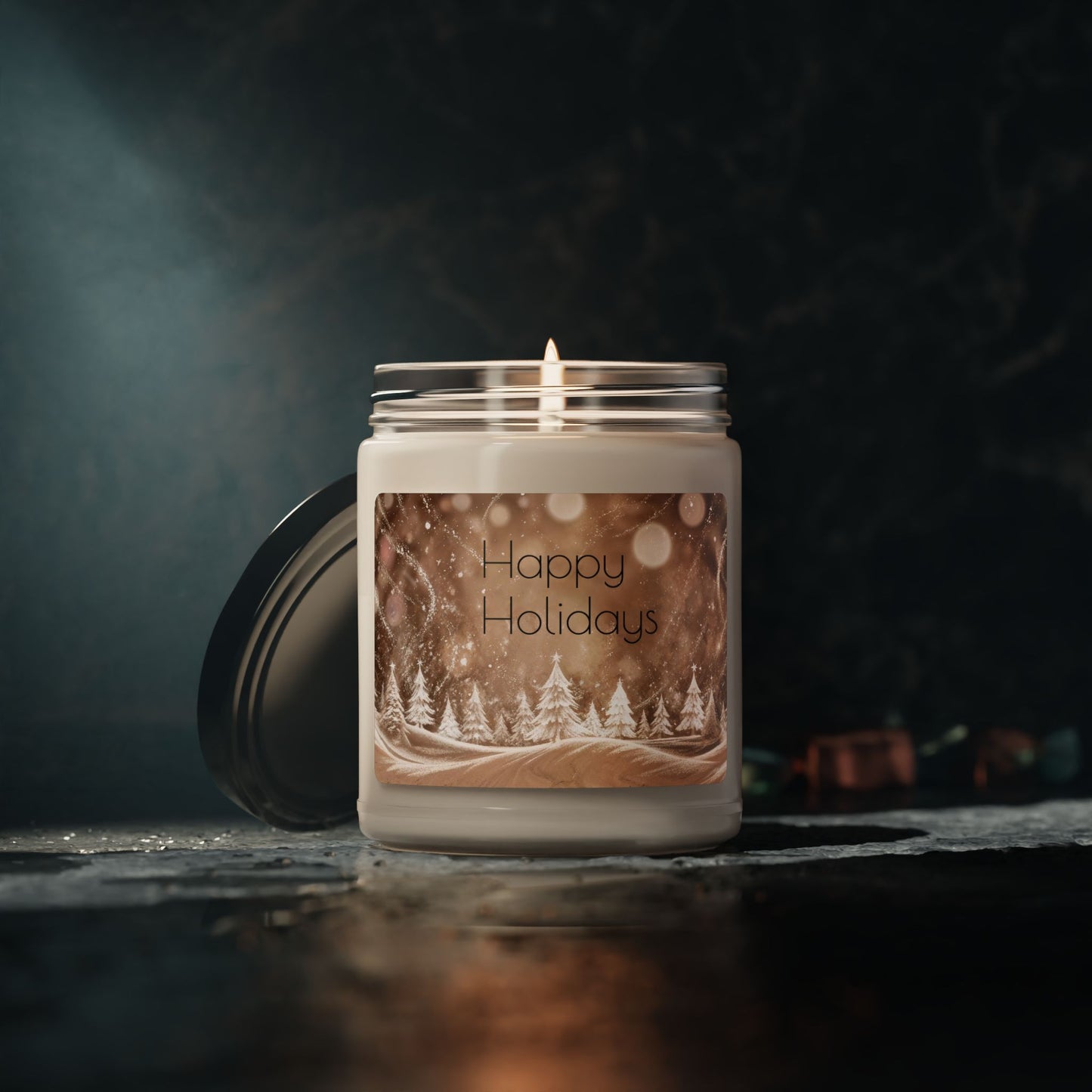 Holiday Soy Candle 9oz — "Happy Holidays" Winter Pine Scented Jar