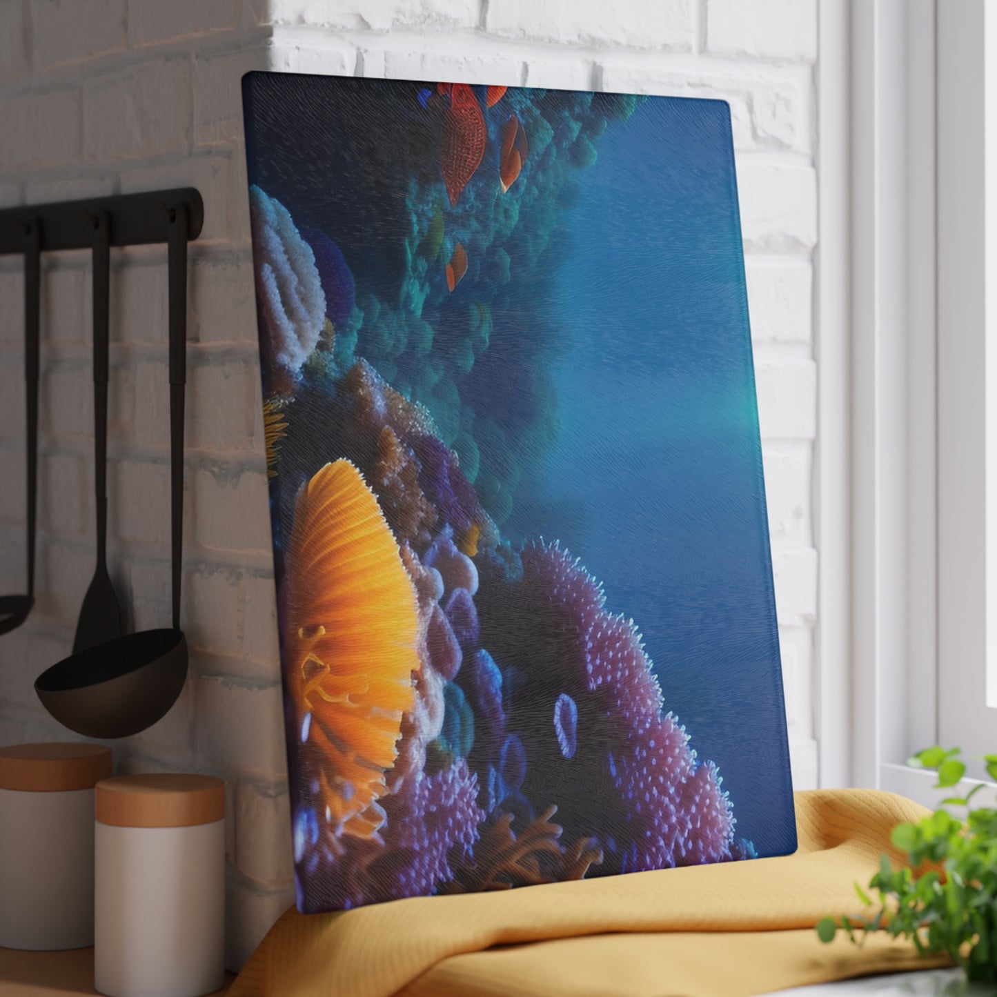 Ocean Coral Glass Cutting Board — Underwater Reef Kitchen Board