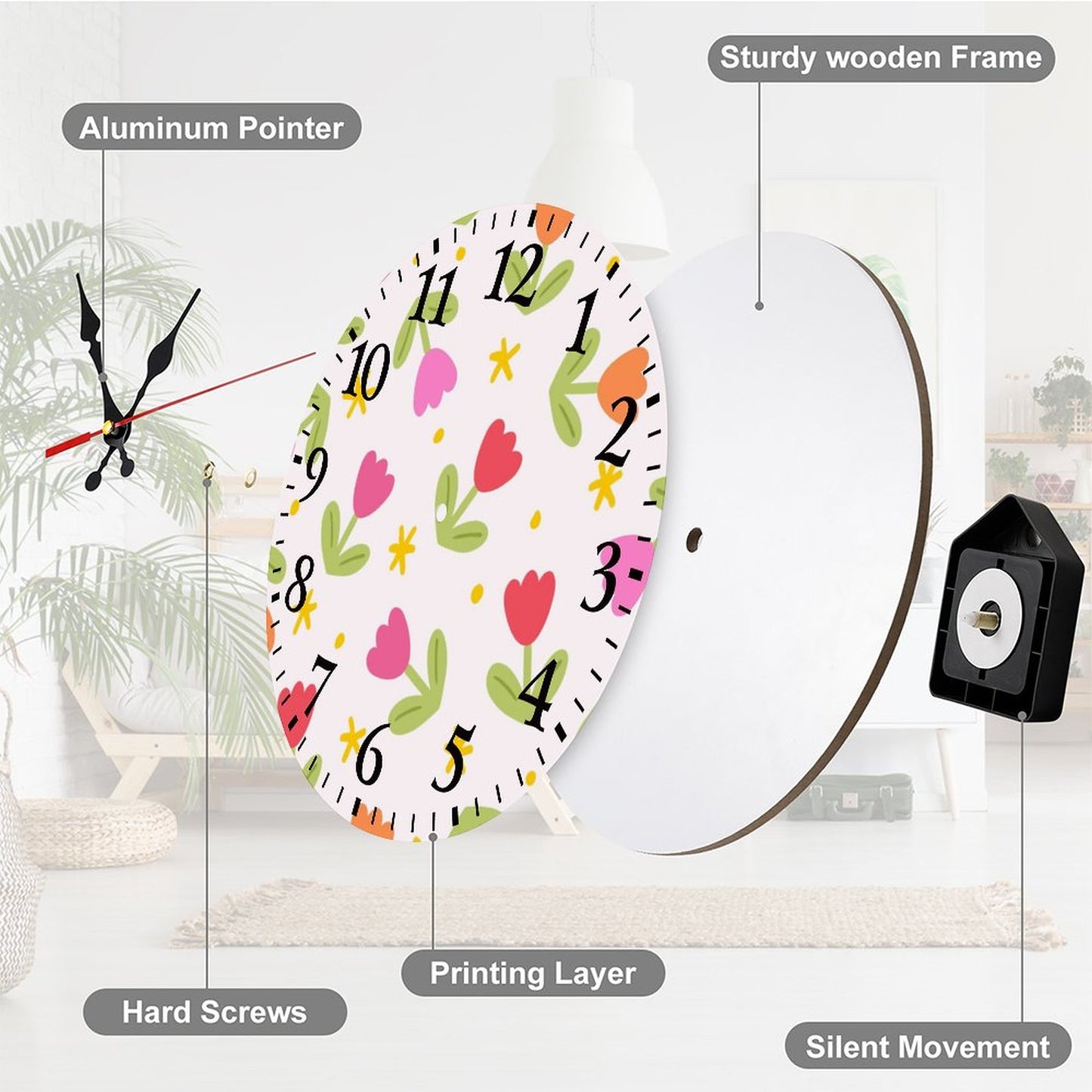 Modern Wooden Wall Clock - Tulips
