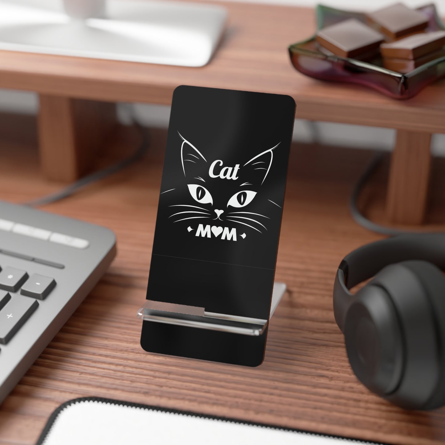 Phone Stand — "Cat Mom" Black Acrylic Mobile Display Stand
