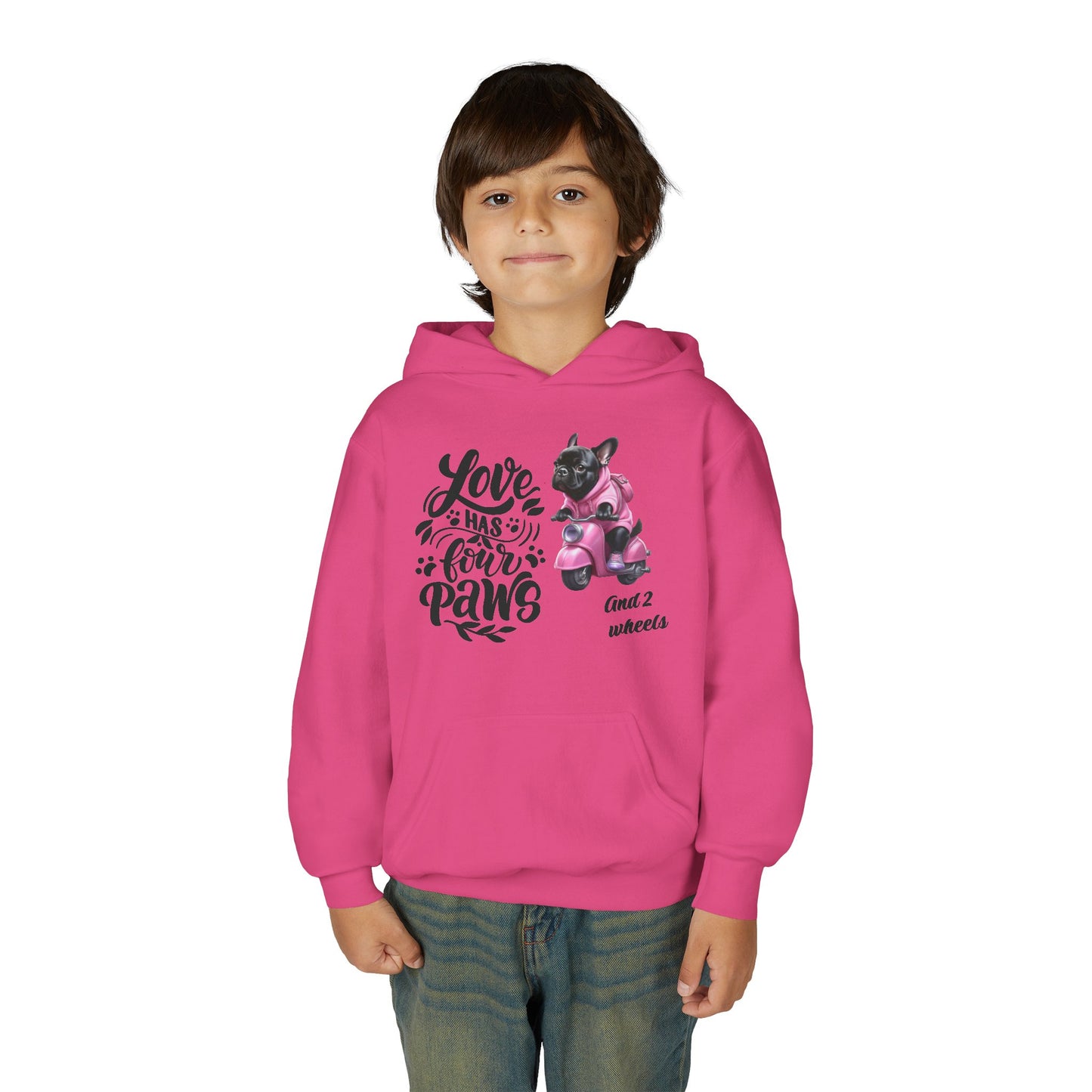 Youth Hoodie — "Love Has Four Paws" Pink Scooter French Bulldog Graphic