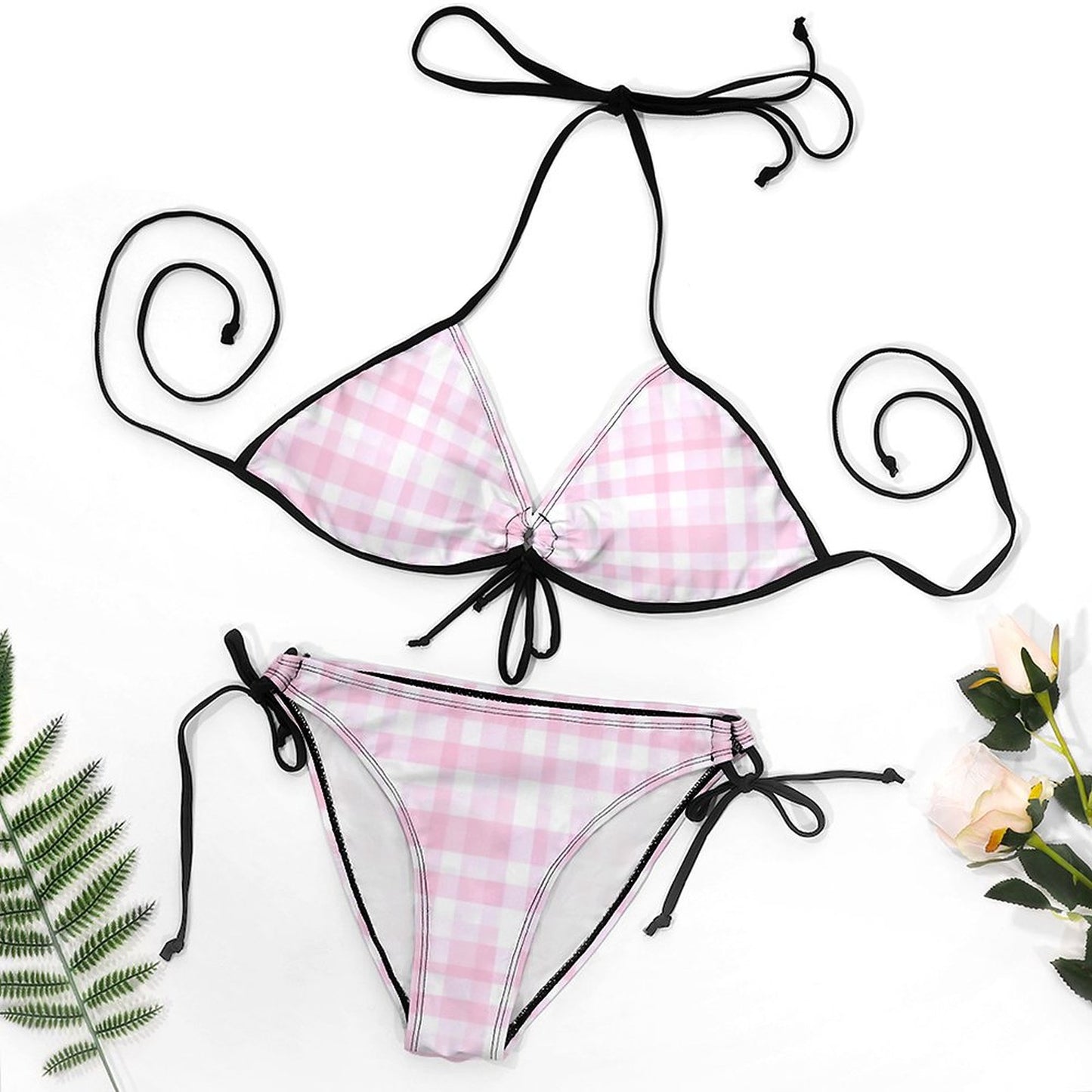 Halter Tie Front Bikini Set Pink Plaid