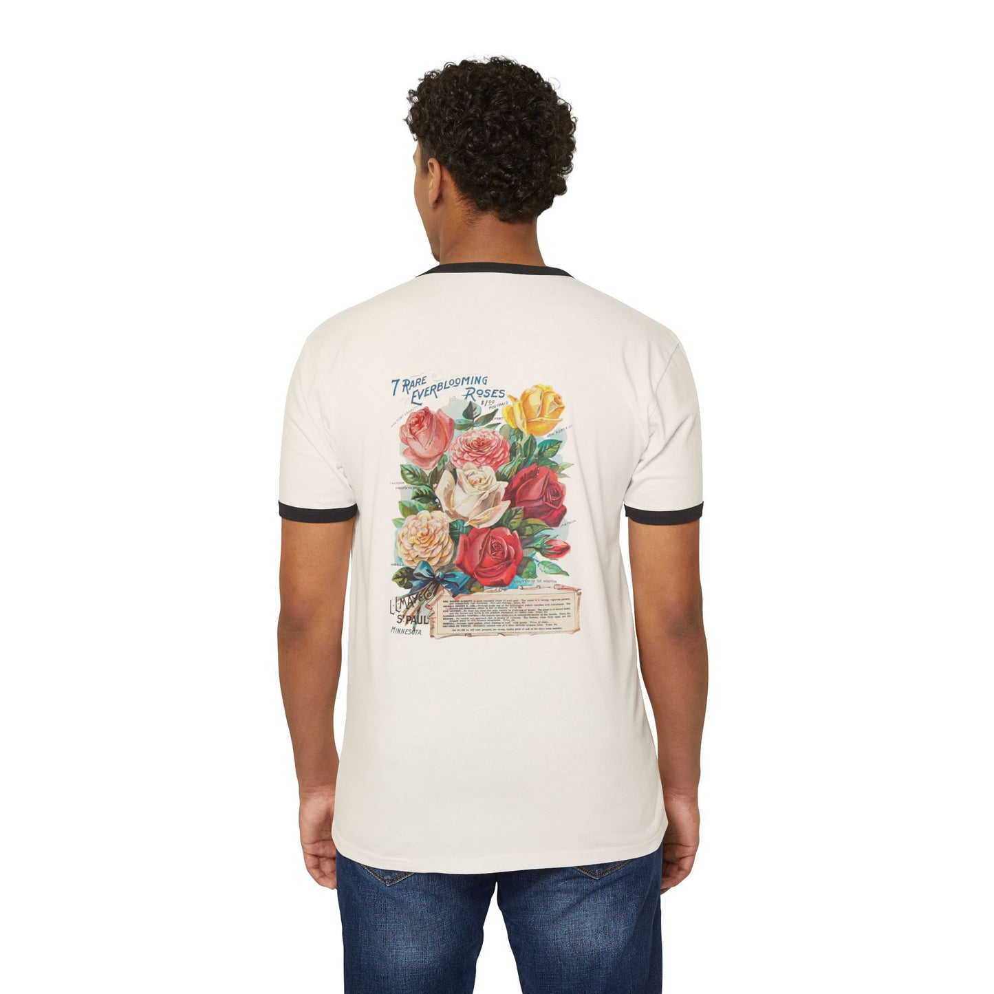 Vintage Floral Ringer Tee – '7 Rare Ever-Blooming Roses' Retro Bouquet Graphic