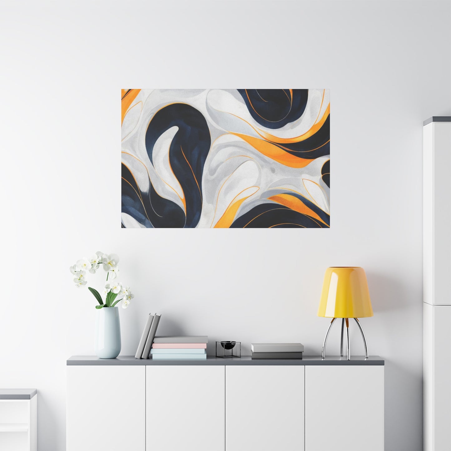 Abstract Fluid Art Matte Canvas Print — Navy, Gold & White Stretched Wall Art