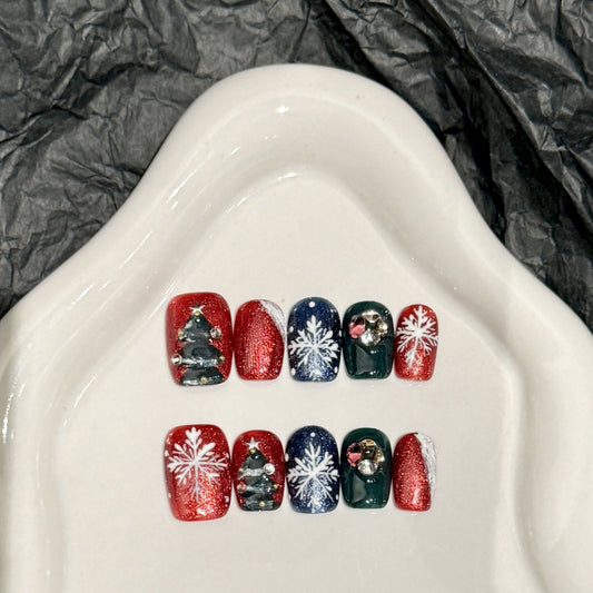 Christmas Tree & Snowflake Press‑On Nails – Red Green Glitter Design
