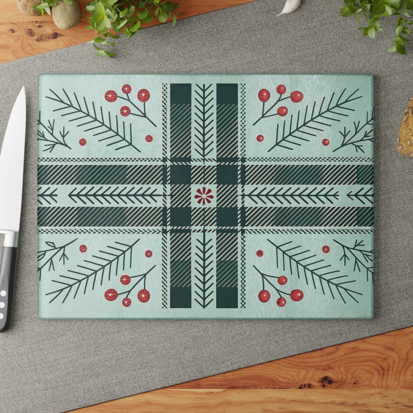 Festive Plaid & Holly Glass Cutting Board — Holiday Kitchen Decor