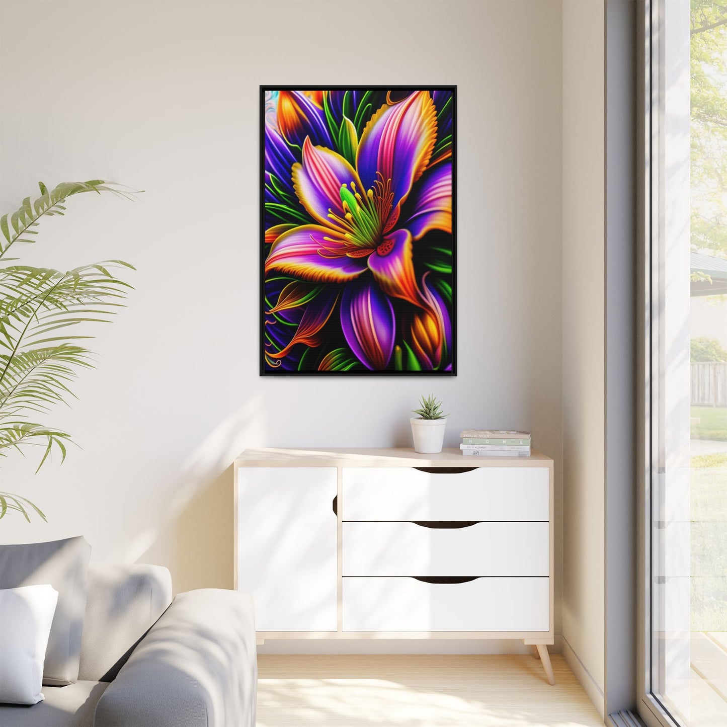 Vibrant Neon Floral Matte Canvas Print — Framed Wall Art