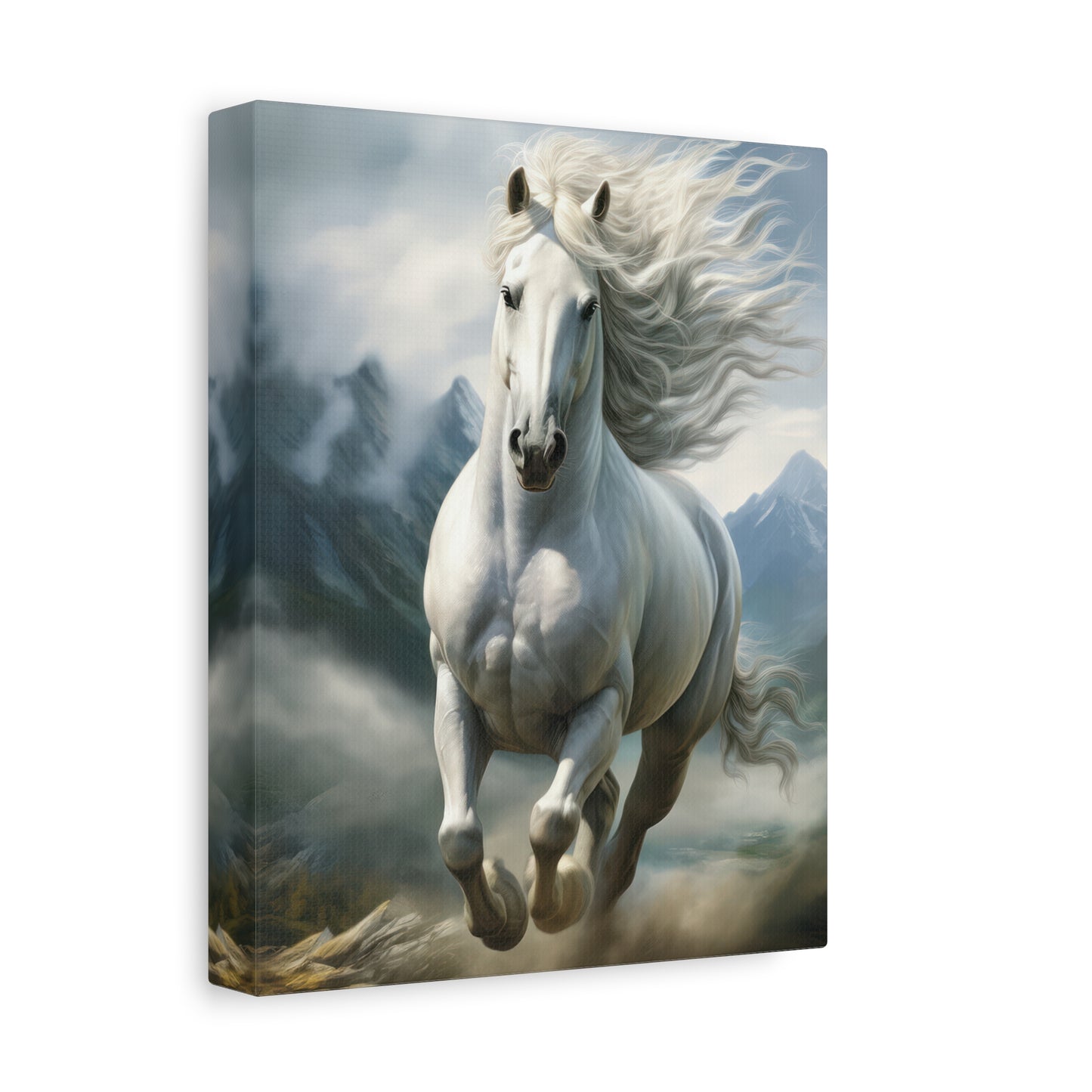 White Stallion Canvas Print – Majestic Galloping Horse Wall Art