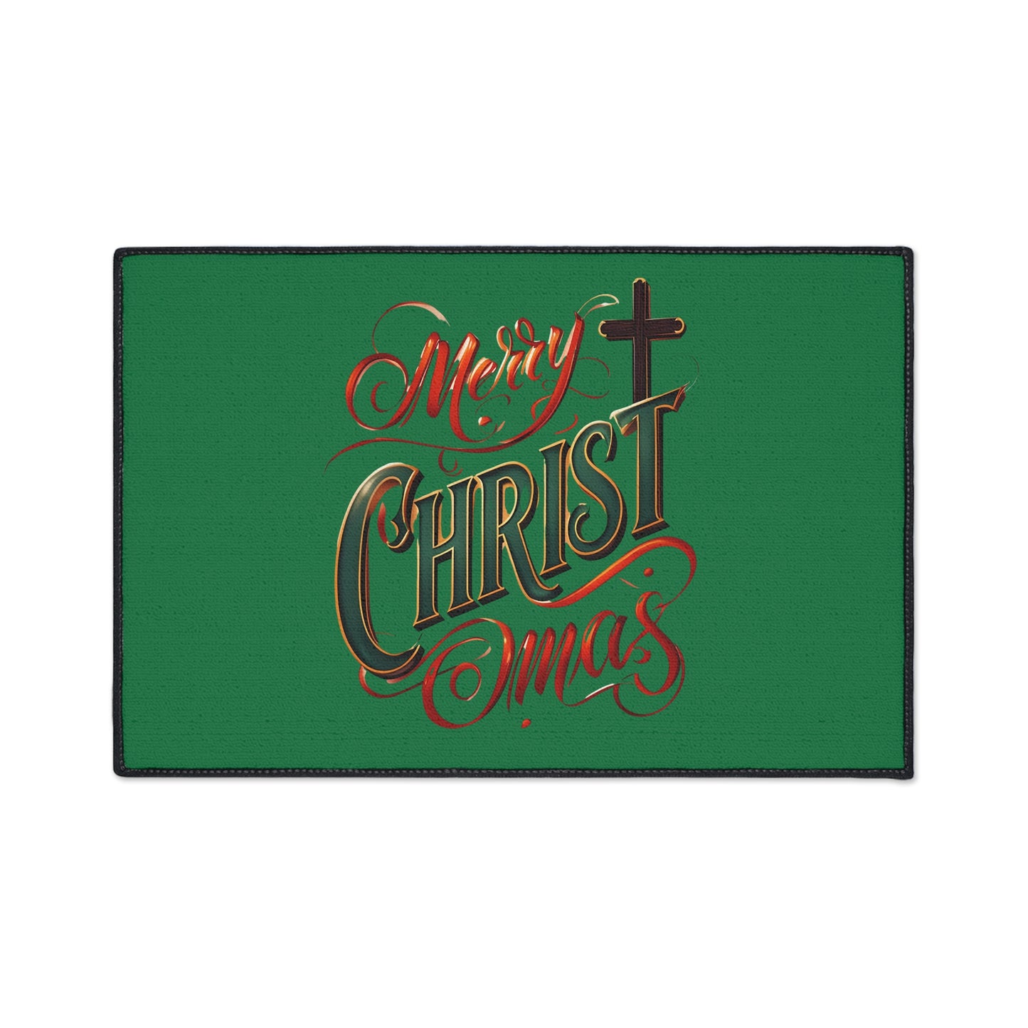 Christmas Floor Mat - "Merry Christmas" Script with Cross, Heavy-Duty Holiday Doormat
