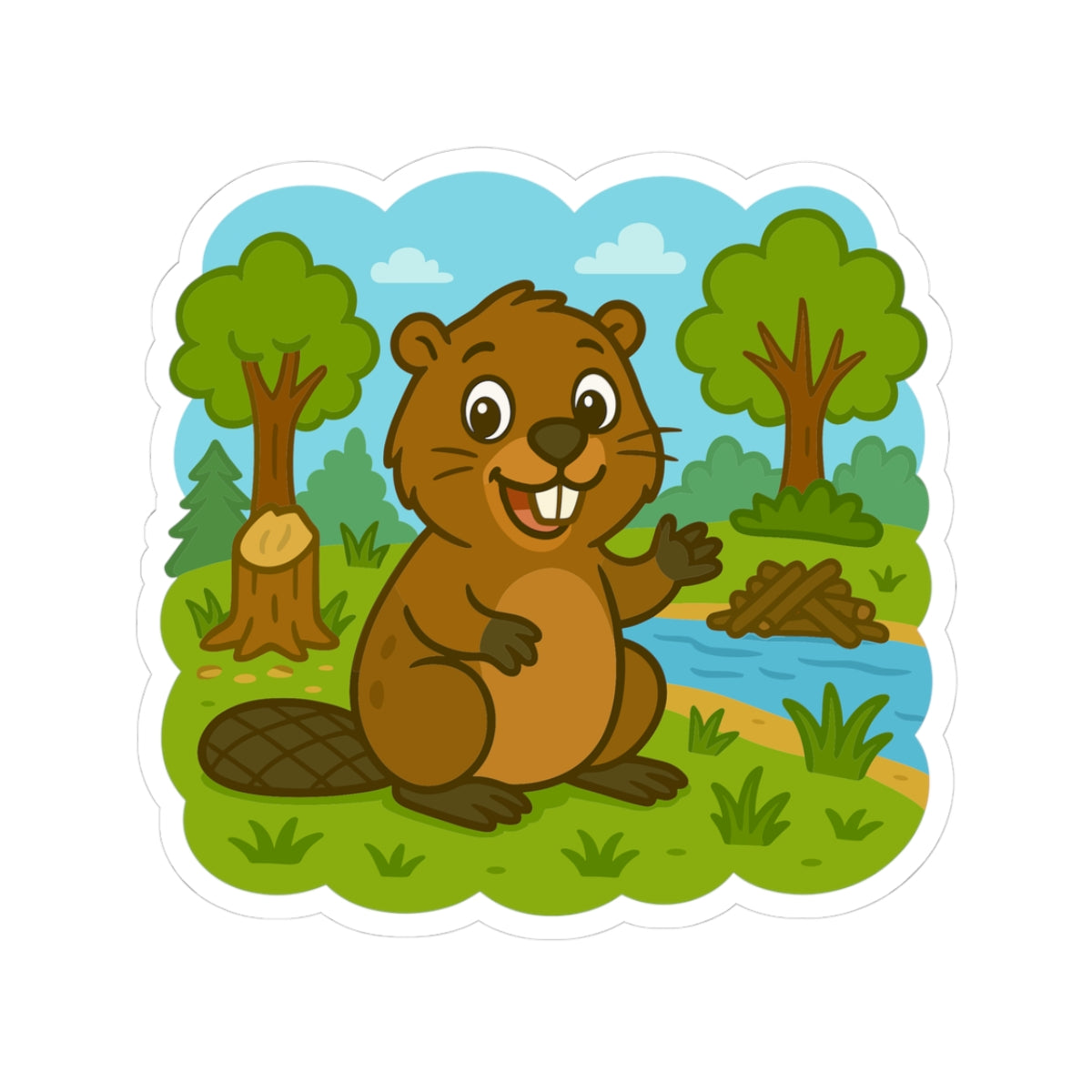 Beaver Pond Kiss-Cut Sticker – Cute Woodland Animal Laptop Decal