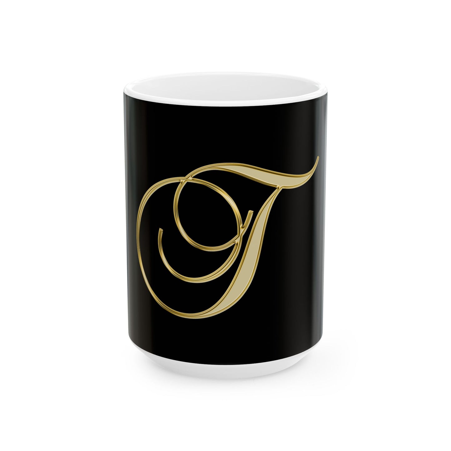 Gold Script Letter 'T' Ceramic Mug – Elegant Monogram Coffee Cup (11oz, 15oz)