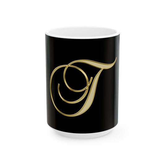 Gold Script Letter 'T' Ceramic Mug – Elegant Monogram Coffee Cup (11oz, 15oz)