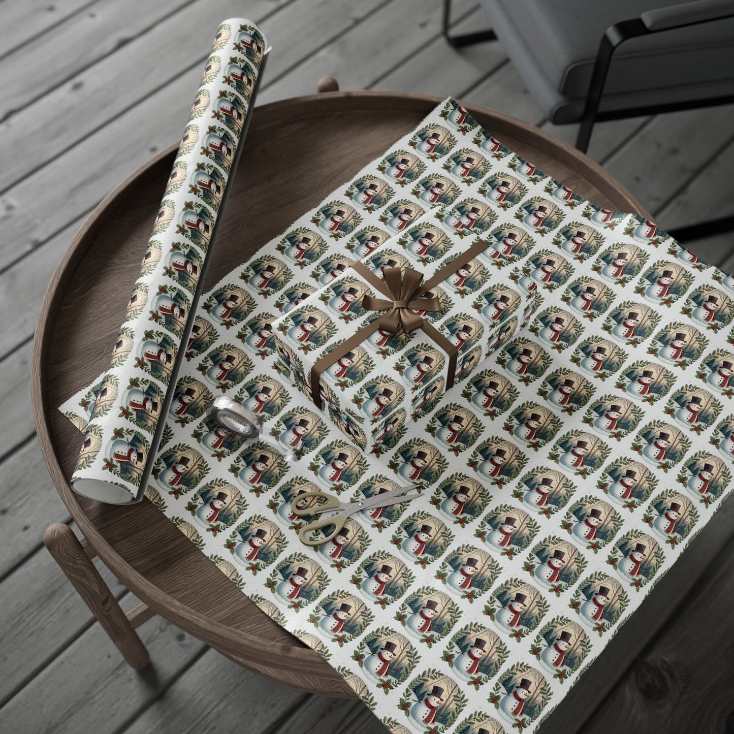 Snowman Wreath Christmas Wrapping Paper Roll — Festive Holiday Gift Wrap