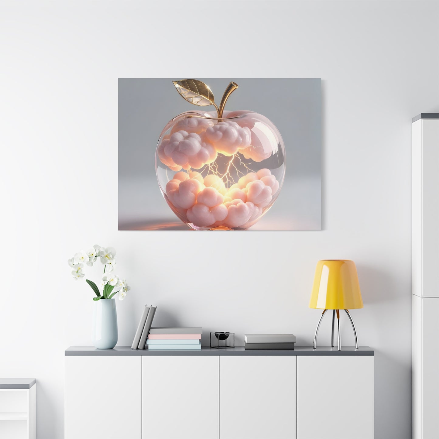 Surreal Glass Apple Canvas – Lightning & Pink Clouds Wall Art