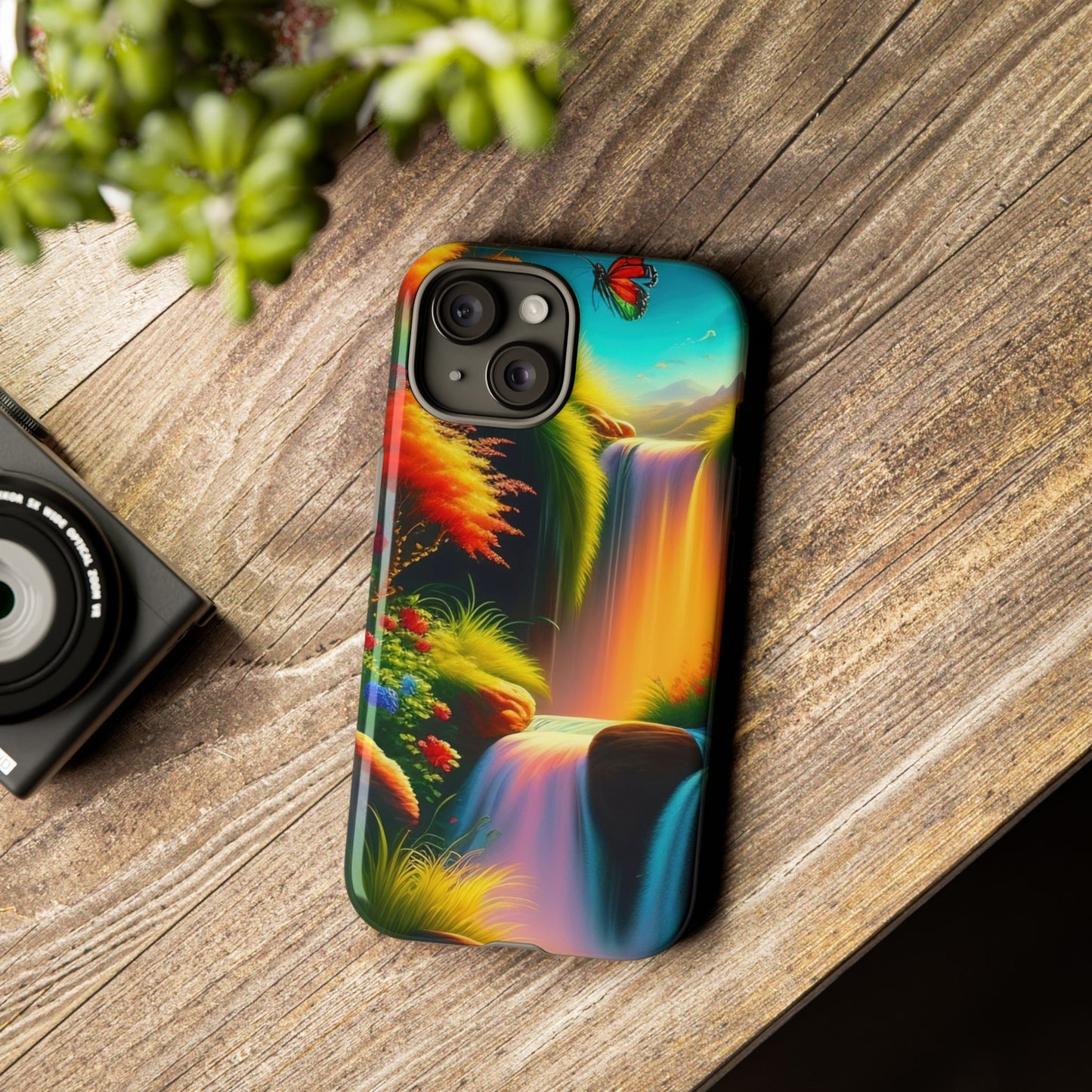 Phone Case - Vibrant Waterfall Landscape with Butterfly | Colorful Nature Protective Case