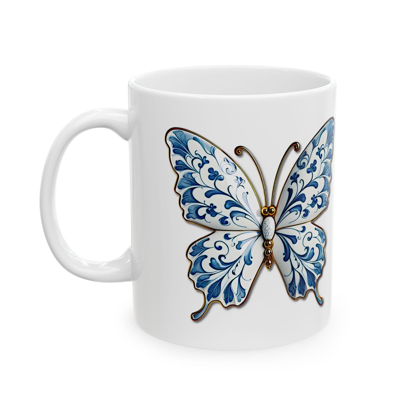 Blue Floral Butterfly Ceramic Mug — Decorative 11oz & 15oz Coffee Cup