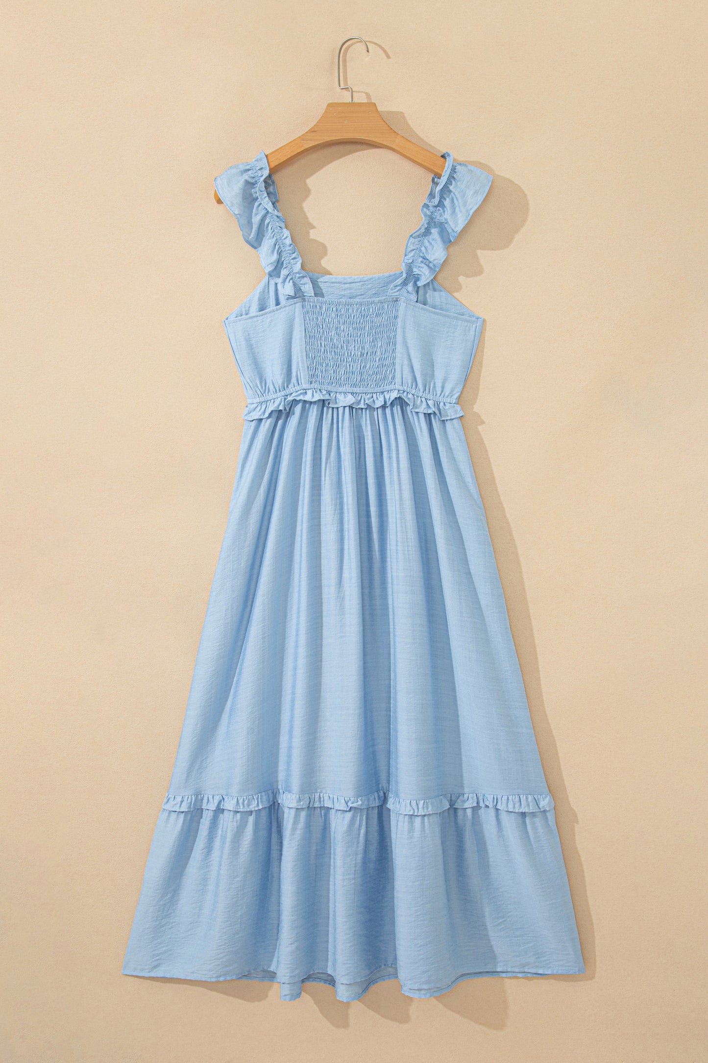 Beau Blue Solid Color Ruffle Trim High Waist Sleeveless Maxi Dress