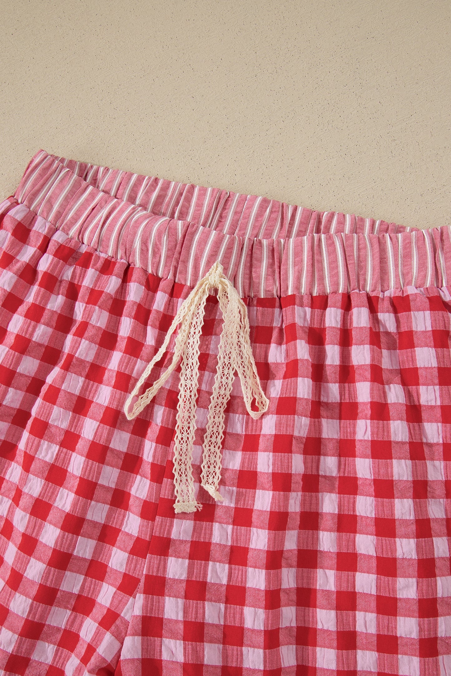 Red Gingham Print Ruffle Striped Detail Lace Tie Shorts