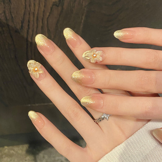 365nails: "Gilded Bloom" – 3D Floral & Glitter Ombré Handmade Medium Almond Nails – Image 2