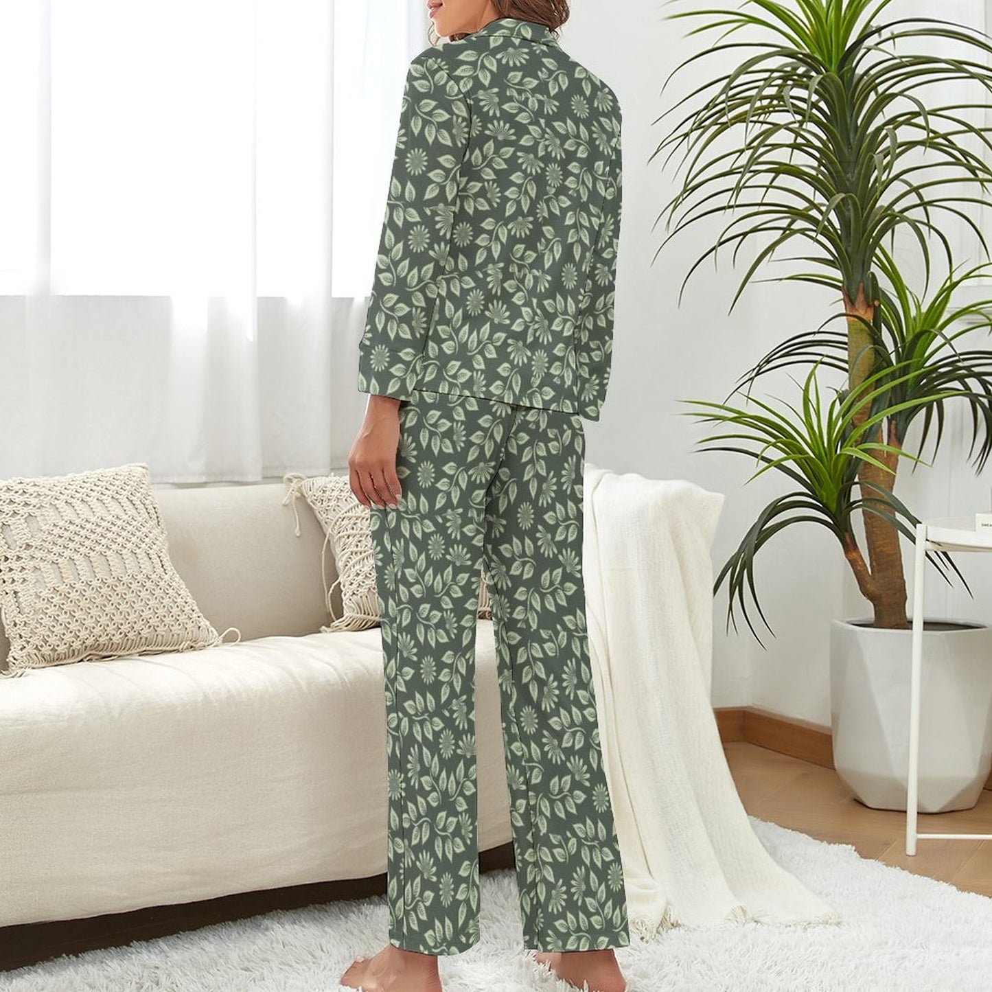 V-Neck Women Night Wear Suit Green Ivy
