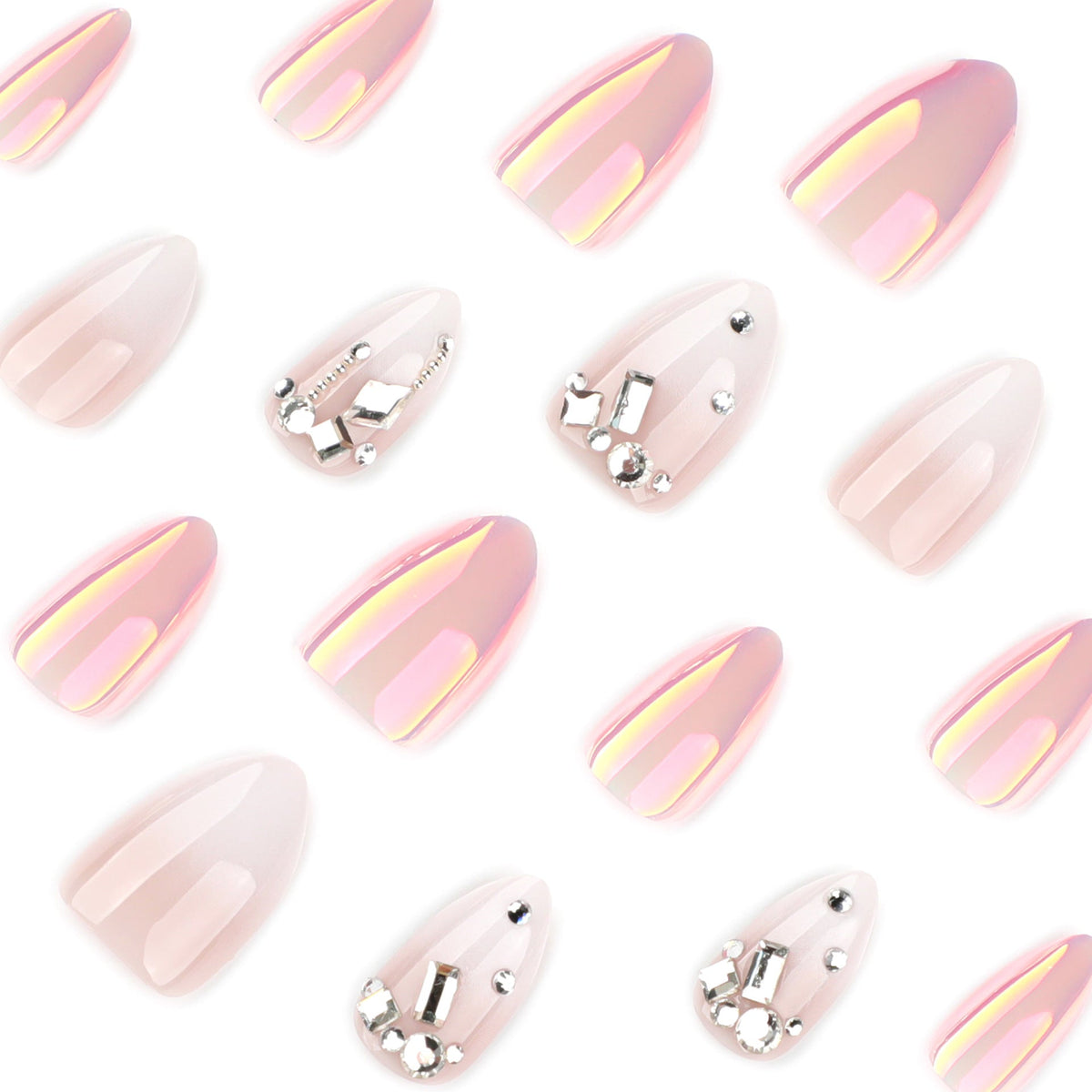 Iridescent Pearl Chrome Crystal Almond Nails – Image 3
