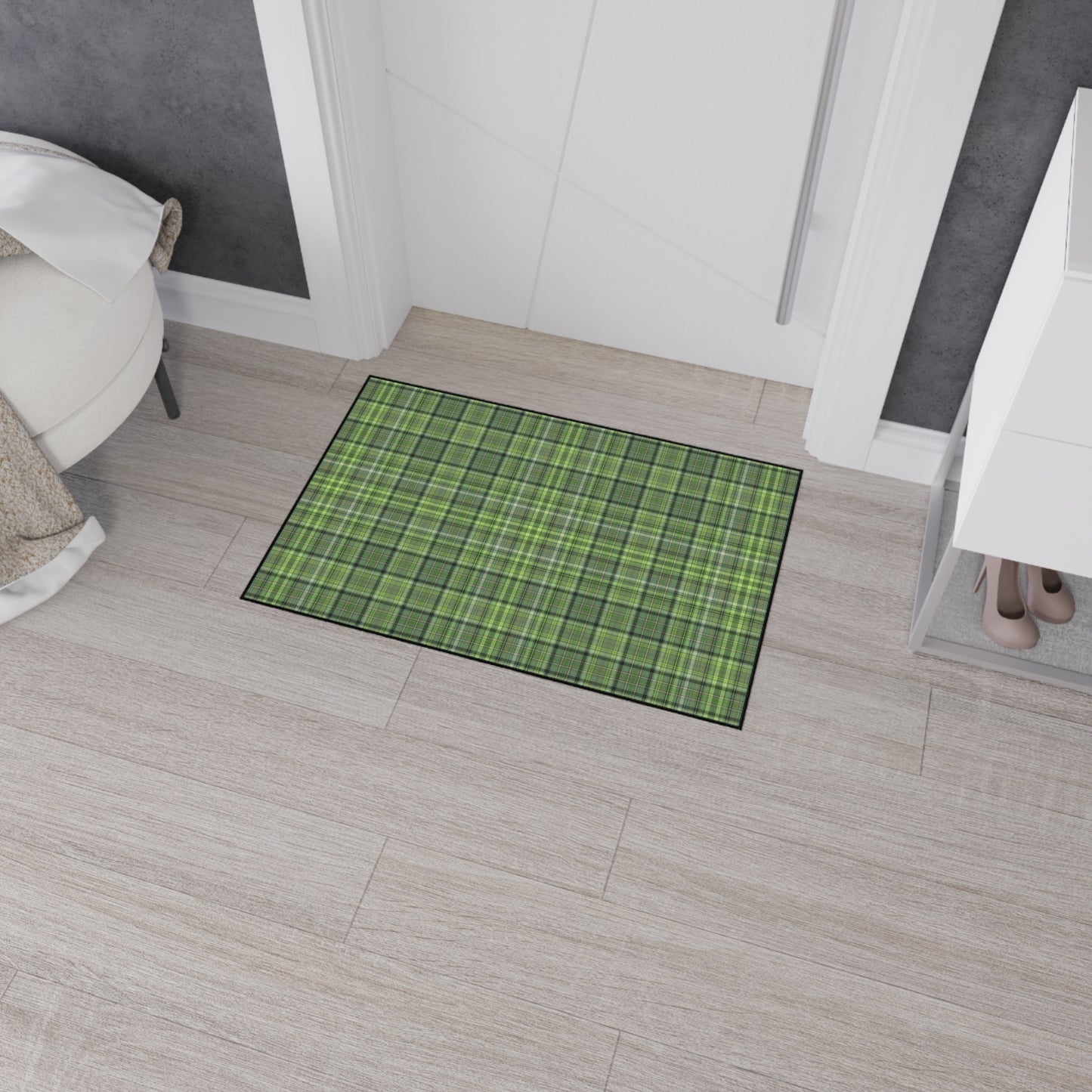 Green Plaid Heavy-Duty Floor Mat — Durable Non-Slip Entry Rug