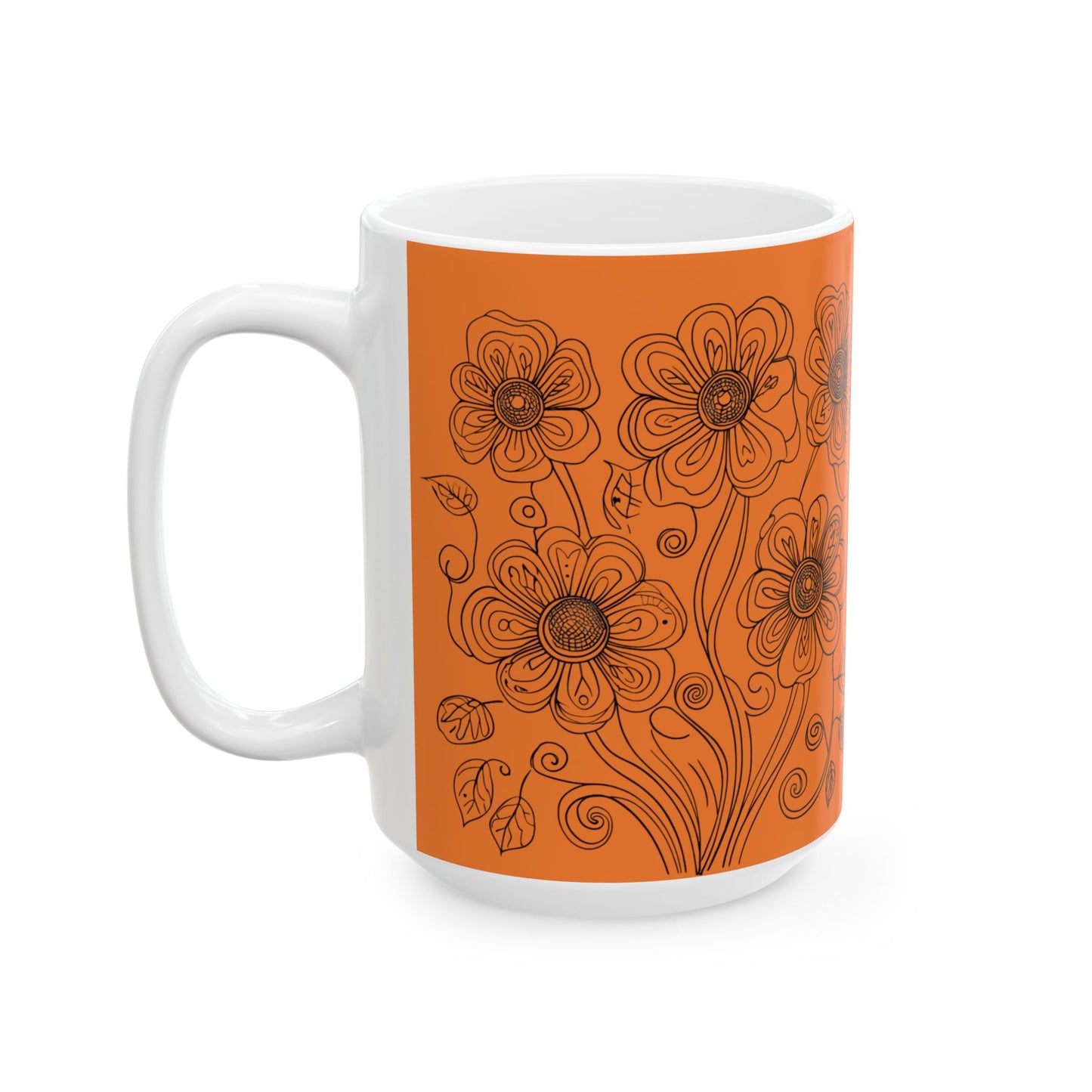 Orange Floral Ceramic Mug — Hand-Drawn Flower Pattern Coffee Tea Cup (11oz, 15oz)