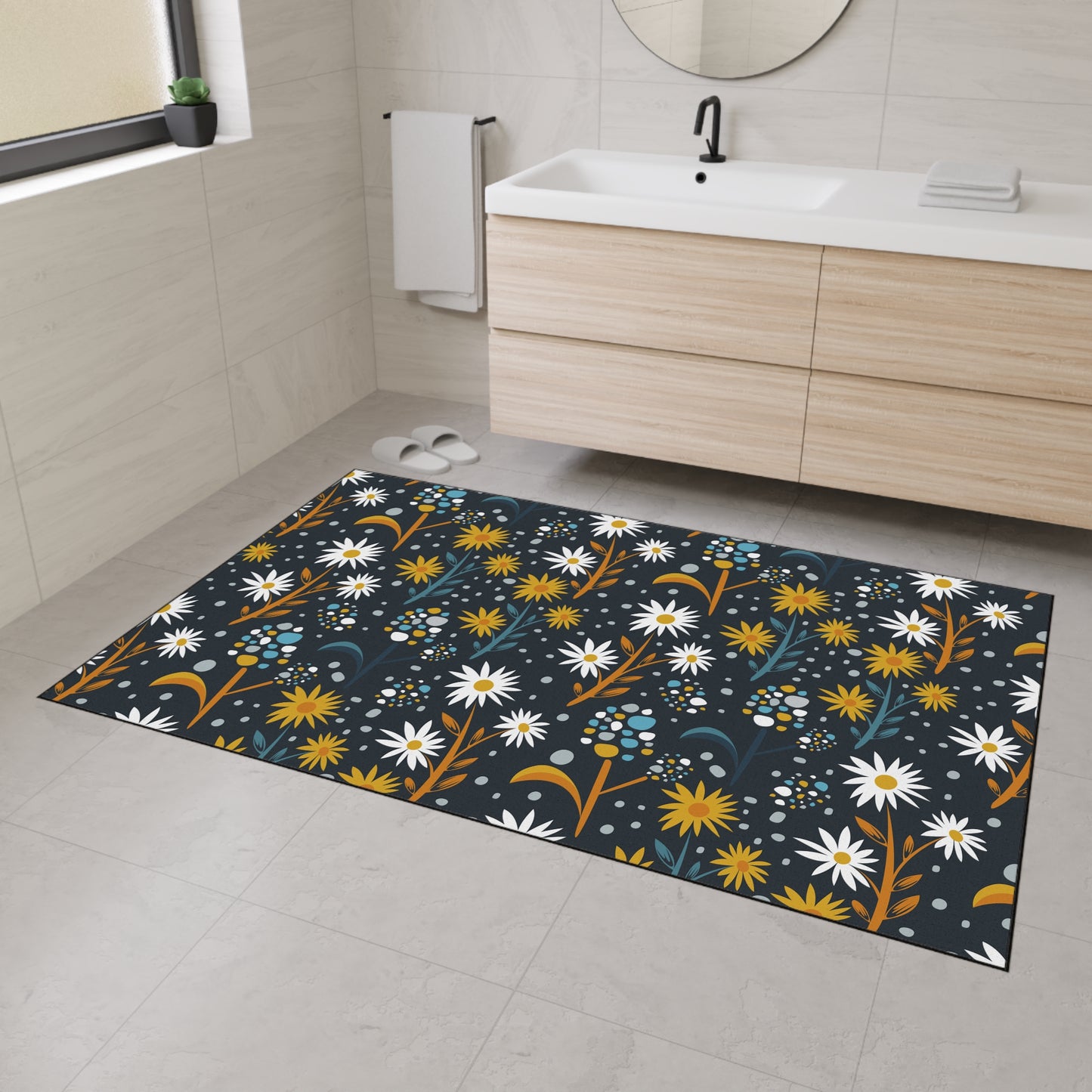 Floral Daisies Heavy Duty Floor Mat — Dark Botanical Entry Rug