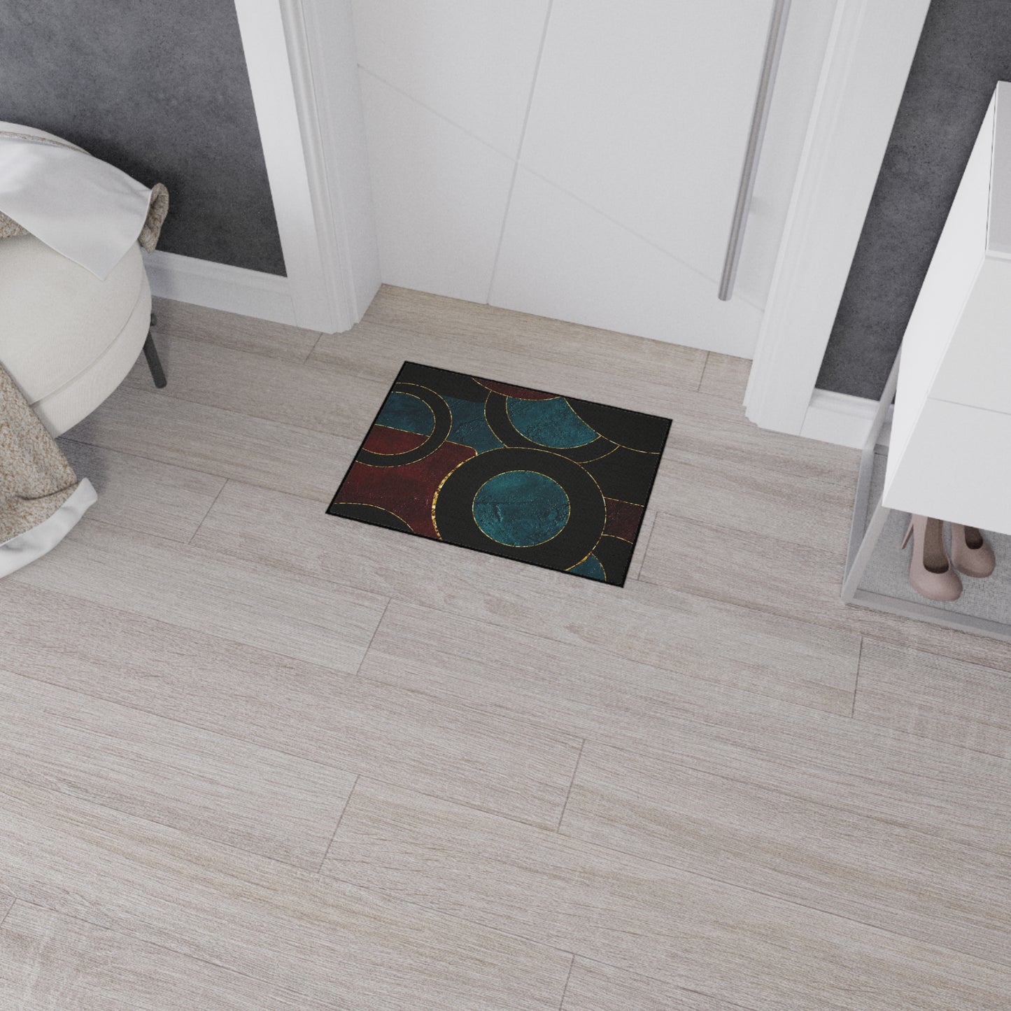 Heavy-Duty Floor Mat — Teal & Burgundy Modern Circle Entry Rug